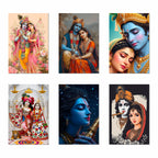 Radha Krishna God Poster (Pack of 6) A3 Size Self Adhesive Laminated Wall Art 300 GSM Paper Unframed Religious Decor for Pooja Room and Home Temple