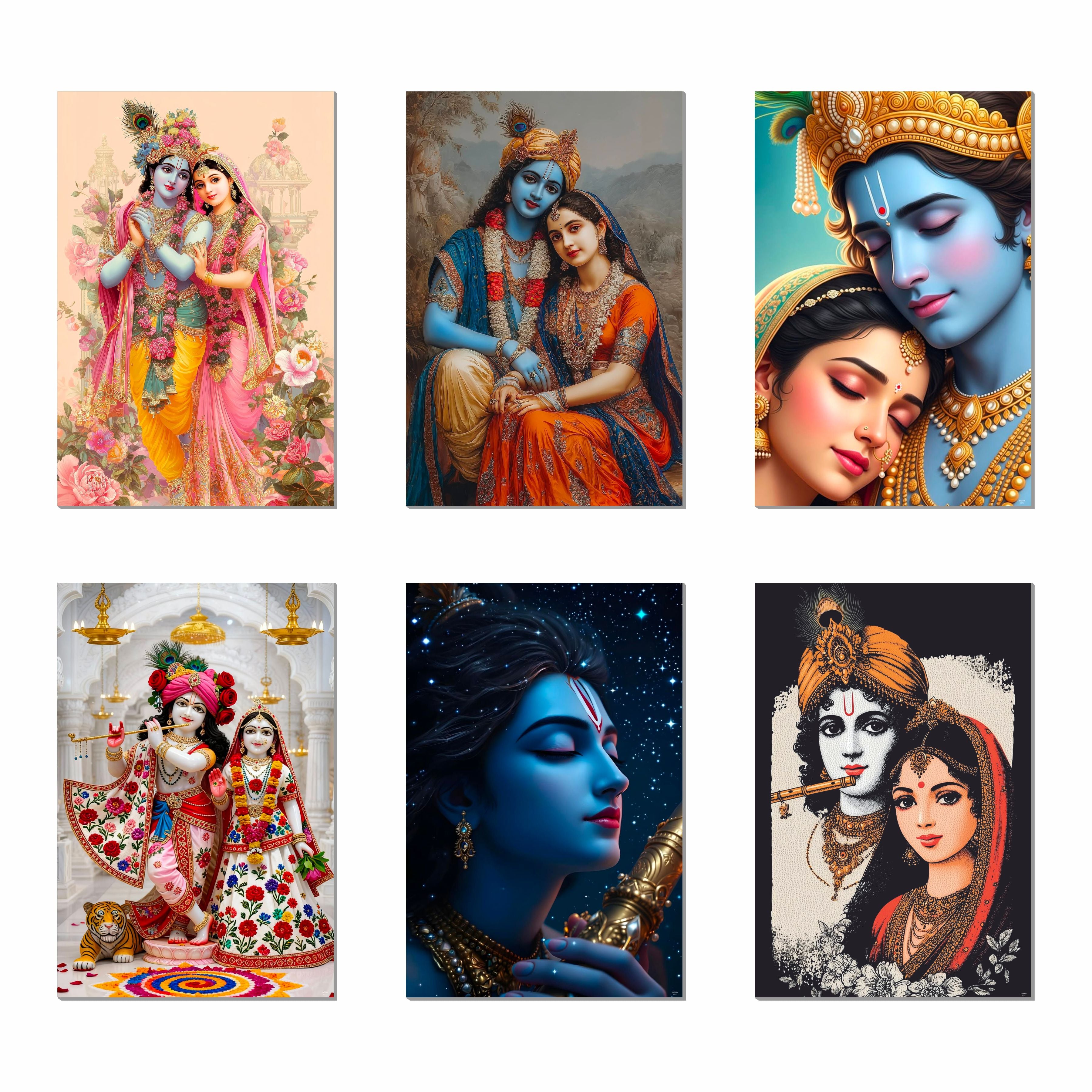 Radha Krishna God Poster (Pack of 6) A3 Size Self Adhesive Laminated Wall Art 300 GSM Paper Unframed Religious Decor for Pooja Room and Home Temple