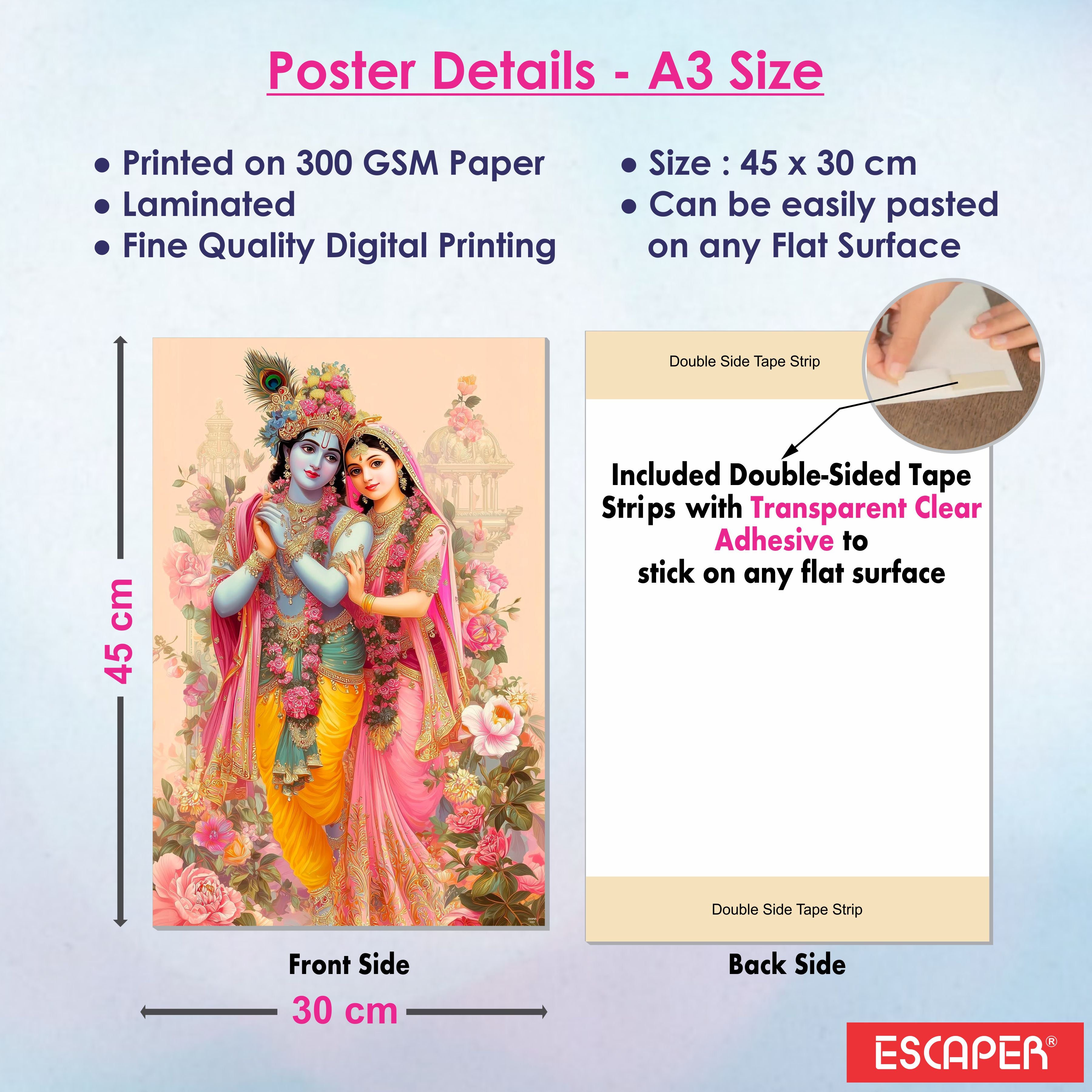 Radha Krishna God Poster (Pack of 6) A3 Size Self Adhesive Laminated Wall Art 300 GSM Paper Unframed Religious Decor for Pooja Room and Home Temple