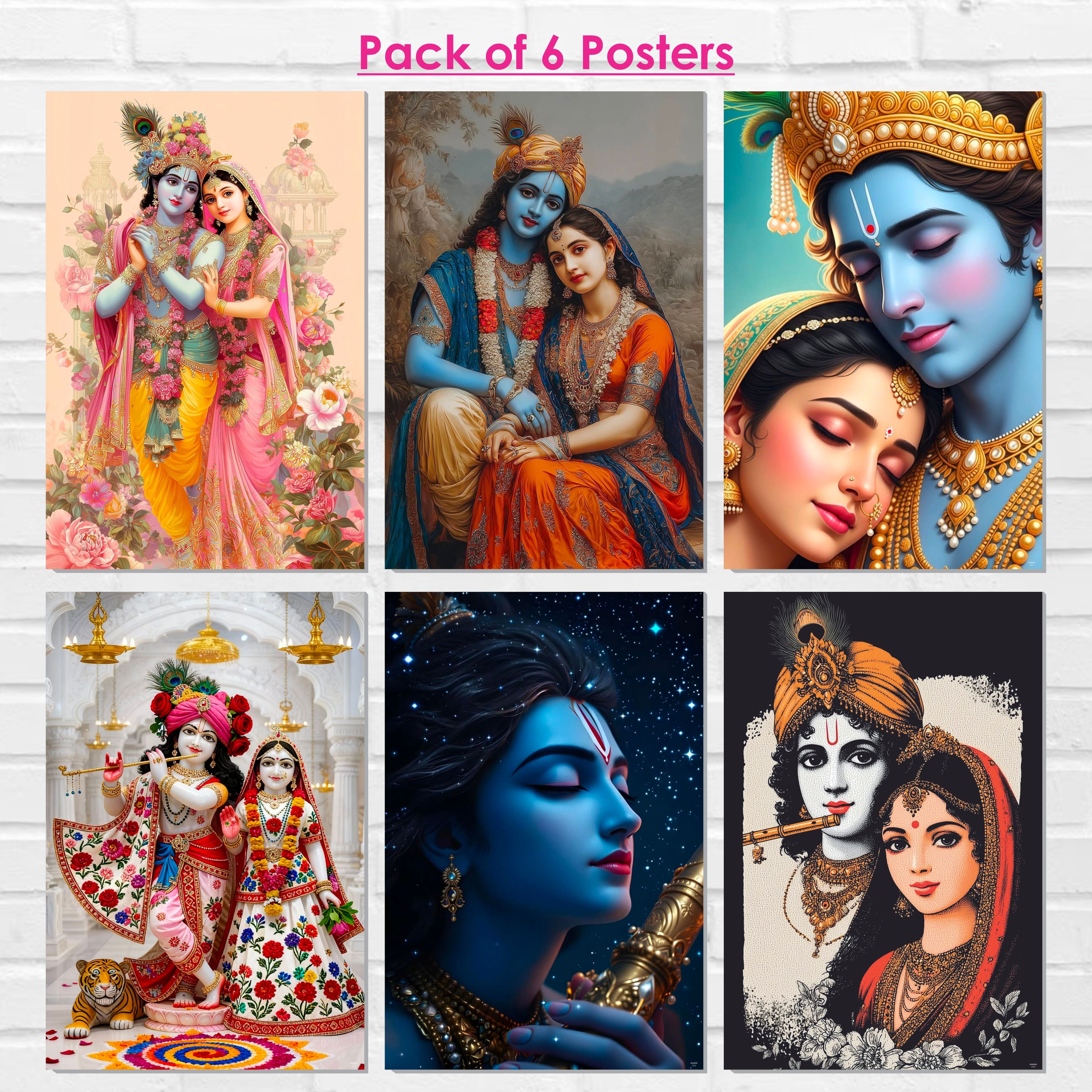 Radha Krishna God Poster (Pack of 6) A3 Size Self Adhesive Laminated Wall Art 300 GSM Paper Unframed Religious Decor for Pooja Room and Home Temple