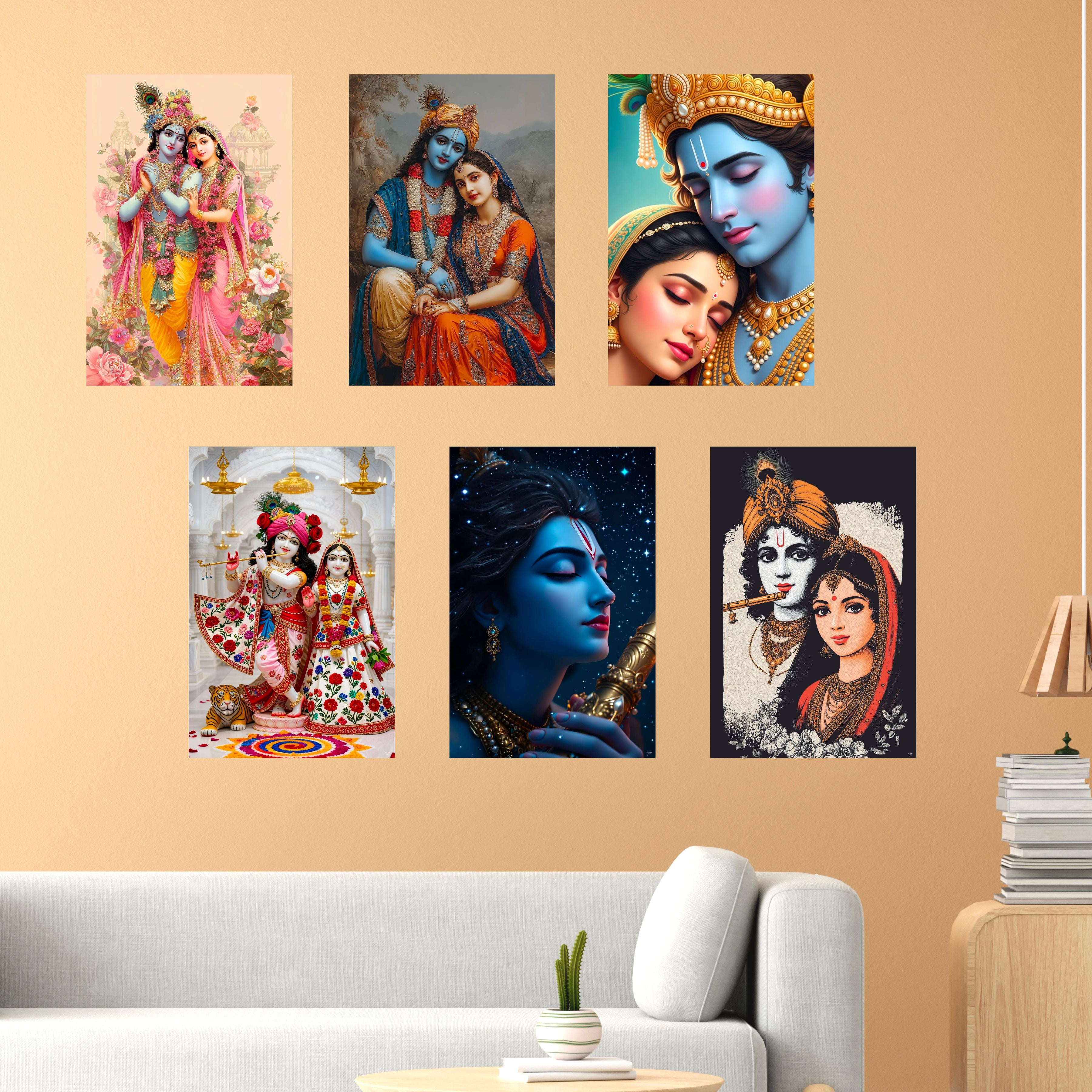 Radha Krishna God Poster (Pack of 6) A3 Size Self Adhesive Laminated Wall Art 300 GSM Paper Unframed Religious Decor for Pooja Room and Home Temple