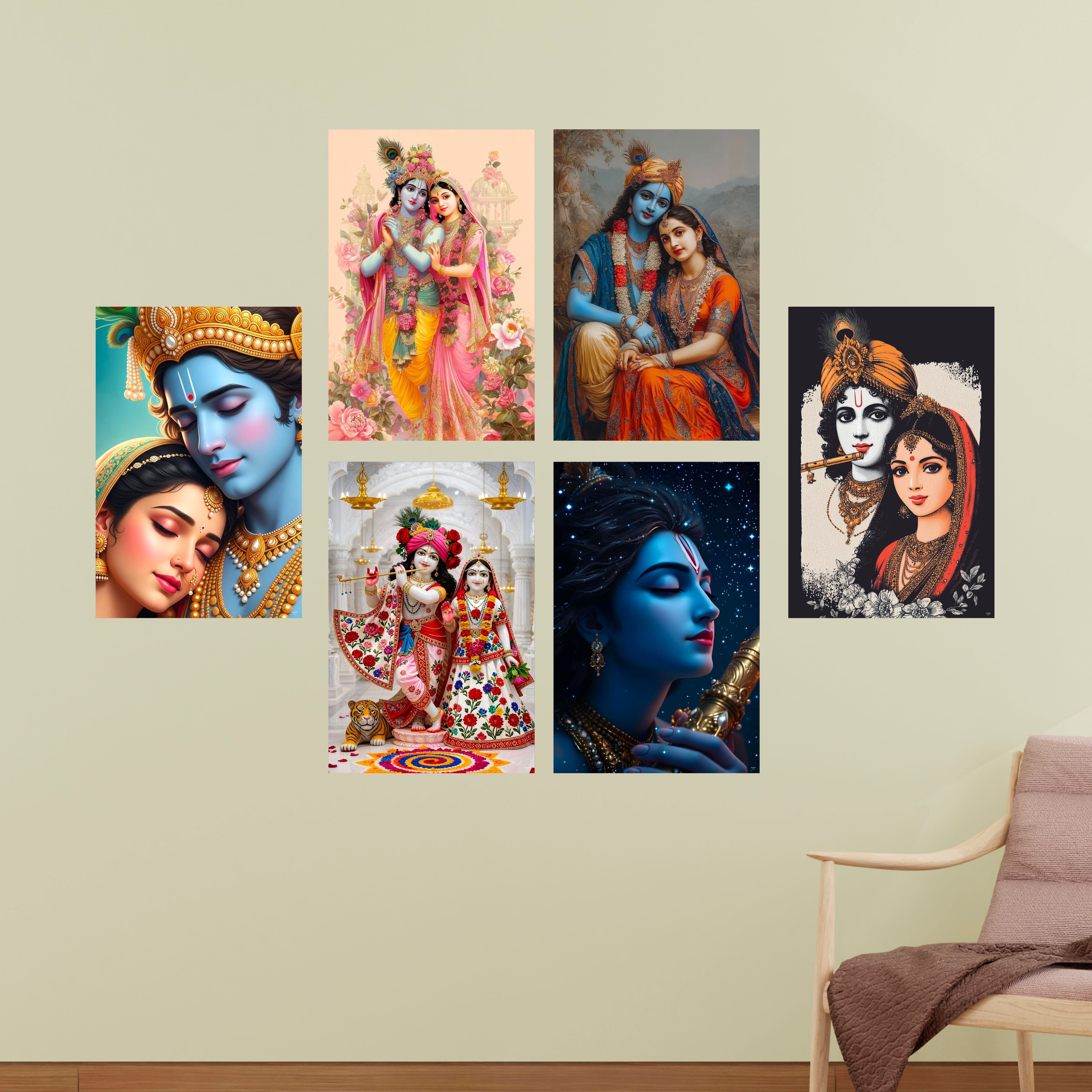 Radha Krishna God Poster (Pack of 6) A3 Size Self Adhesive Laminated Wall Art 300 GSM Paper Unframed Religious Decor for Pooja Room and Home Temple