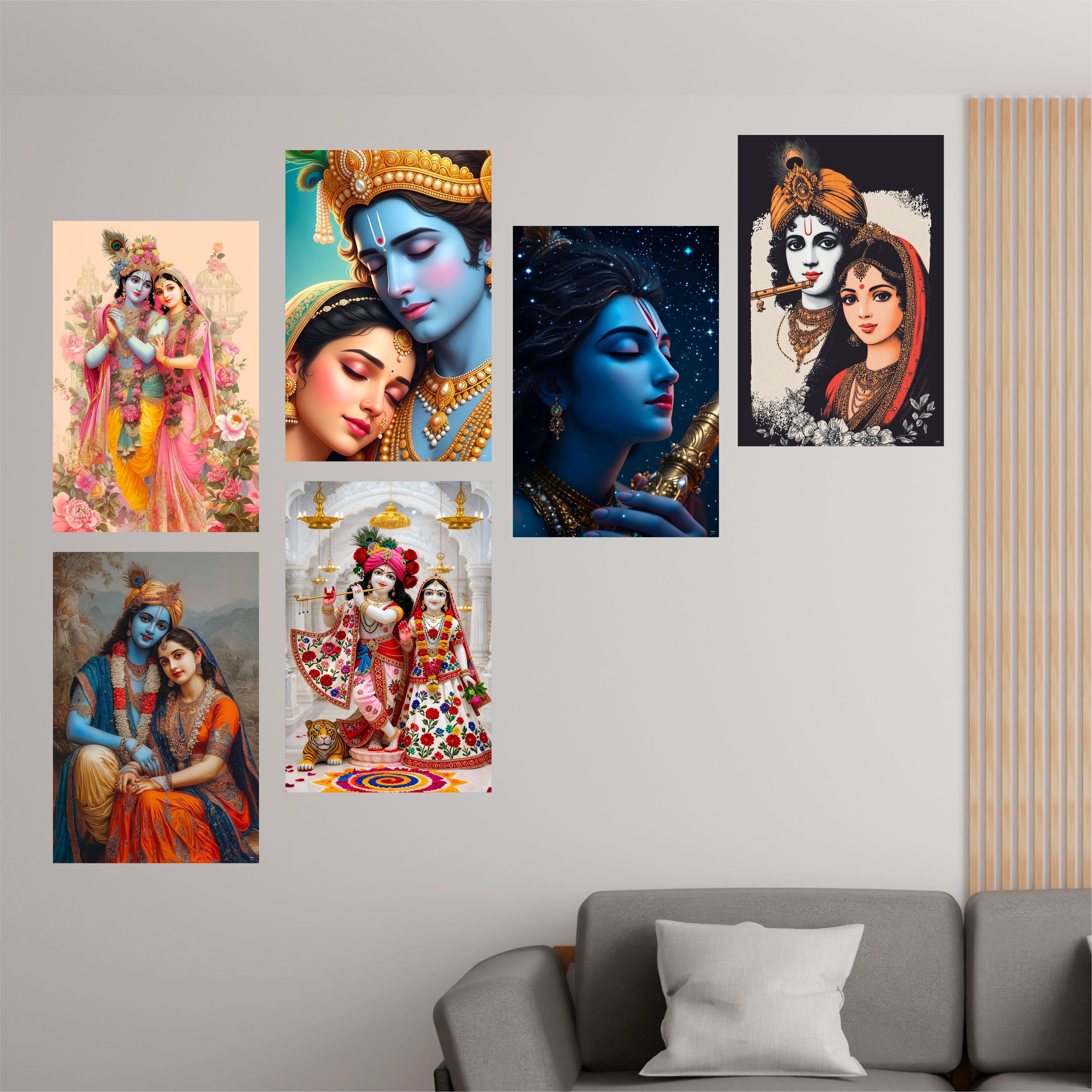 Radha Krishna God Poster (Pack of 6) A3 Size Self Adhesive Laminated Wall Art 300 GSM Paper Unframed Religious Decor for Pooja Room and Home Temple