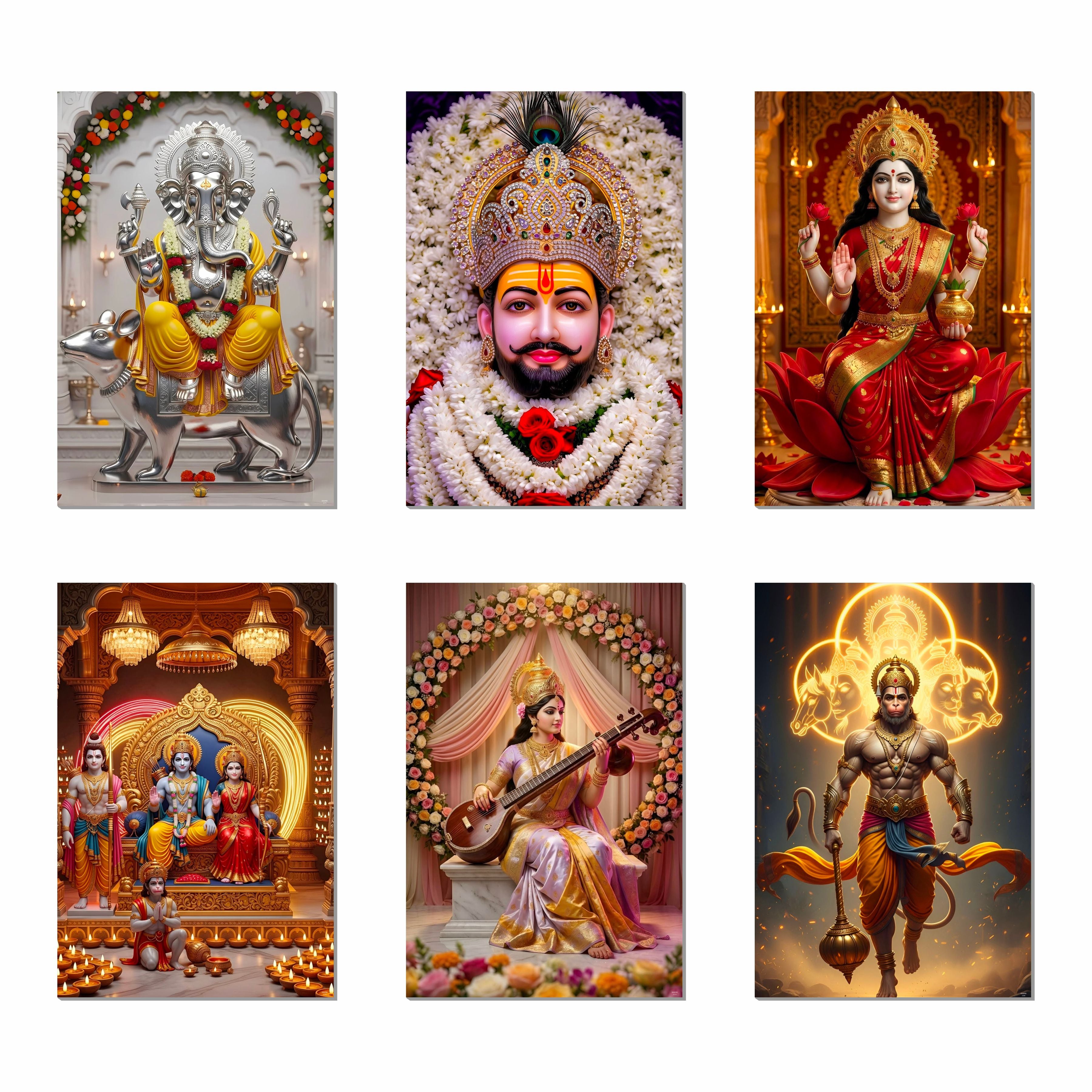 Hindu Gods Posters for Pooja Room and Home Temple (Pack Of 6) A3 Size, Self Adhesive, Laminated, 300 GSM Paper, Unframed Wall Décor Ganesha, Khatu Shyam Ji, Laxmi Ji, Ram Darbar, Saraswati Ji and Panch Mukhi Hanuman