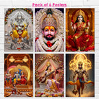 Hindu Gods Posters for Pooja Room and Home Temple (Pack Of 6) A3 Size, Self Adhesive, Laminated, 300 GSM Paper, Unframed Wall Décor Ganesha, Khatu Shyam Ji, Laxmi Ji, Ram Darbar, Saraswati Ji and Panch Mukhi Hanuman
