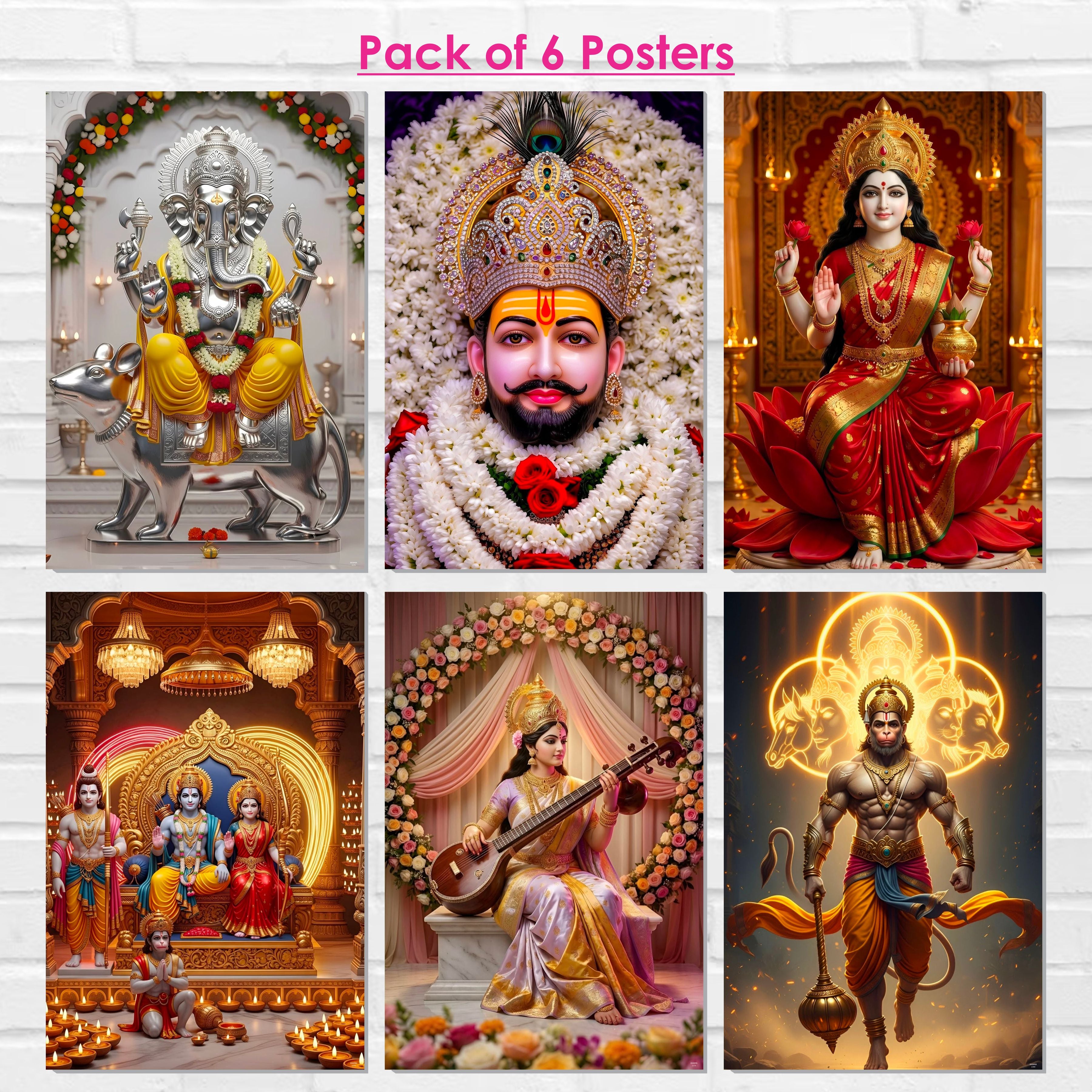 Hindu Gods Posters for Pooja Room and Home Temple (Pack Of 6) A3 Size, Self Adhesive, Laminated, 300 GSM Paper, Unframed Wall Décor Ganesha, Khatu Shyam Ji, Laxmi Ji, Ram Darbar, Saraswati Ji and Panch Mukhi Hanuman