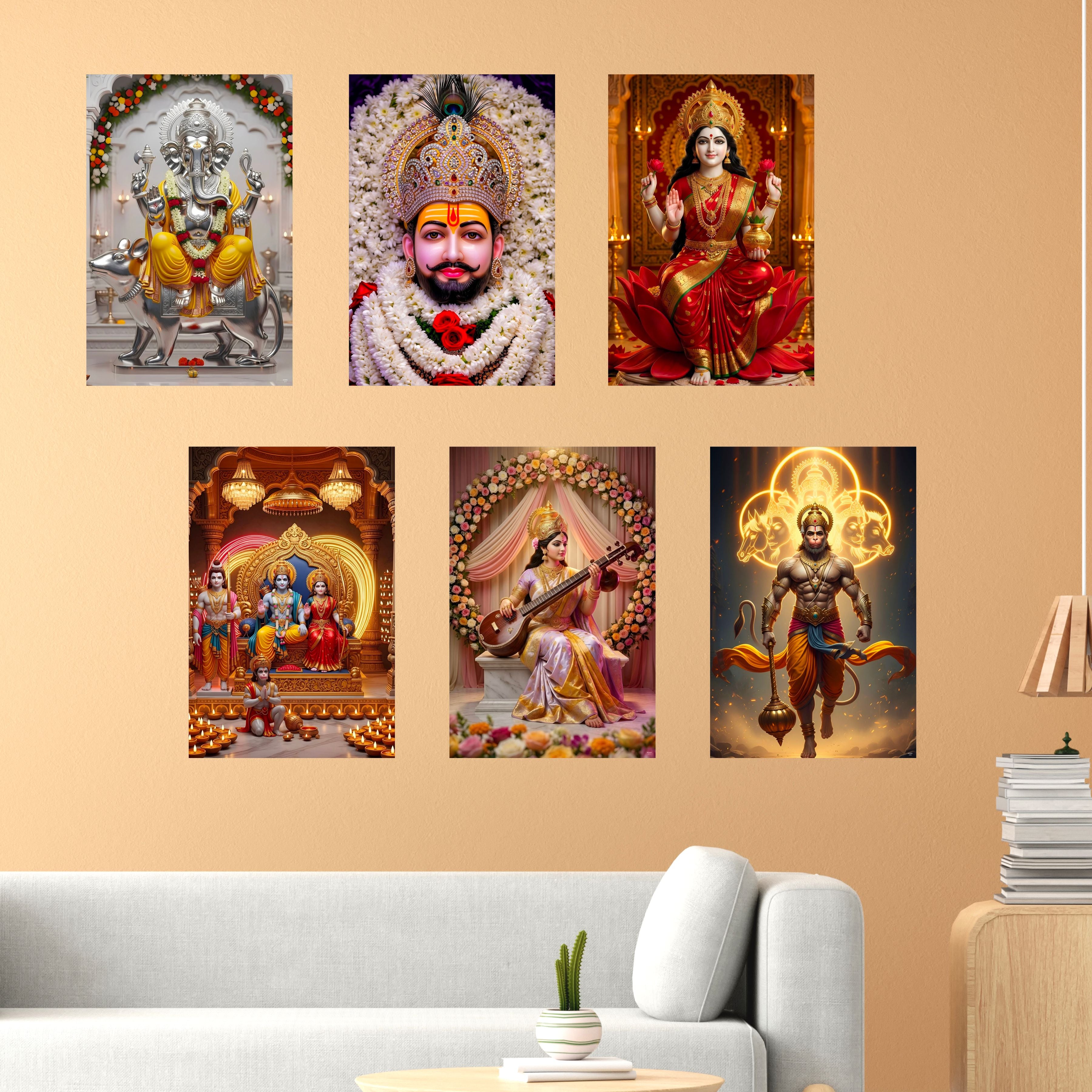 Hindu Gods Posters for Pooja Room and Home Temple (Pack Of 6) A3 Size, Self Adhesive, Laminated, 300 GSM Paper, Unframed Wall Décor Ganesha, Khatu Shyam Ji, Laxmi Ji, Ram Darbar, Saraswati Ji and Panch Mukhi Hanuman