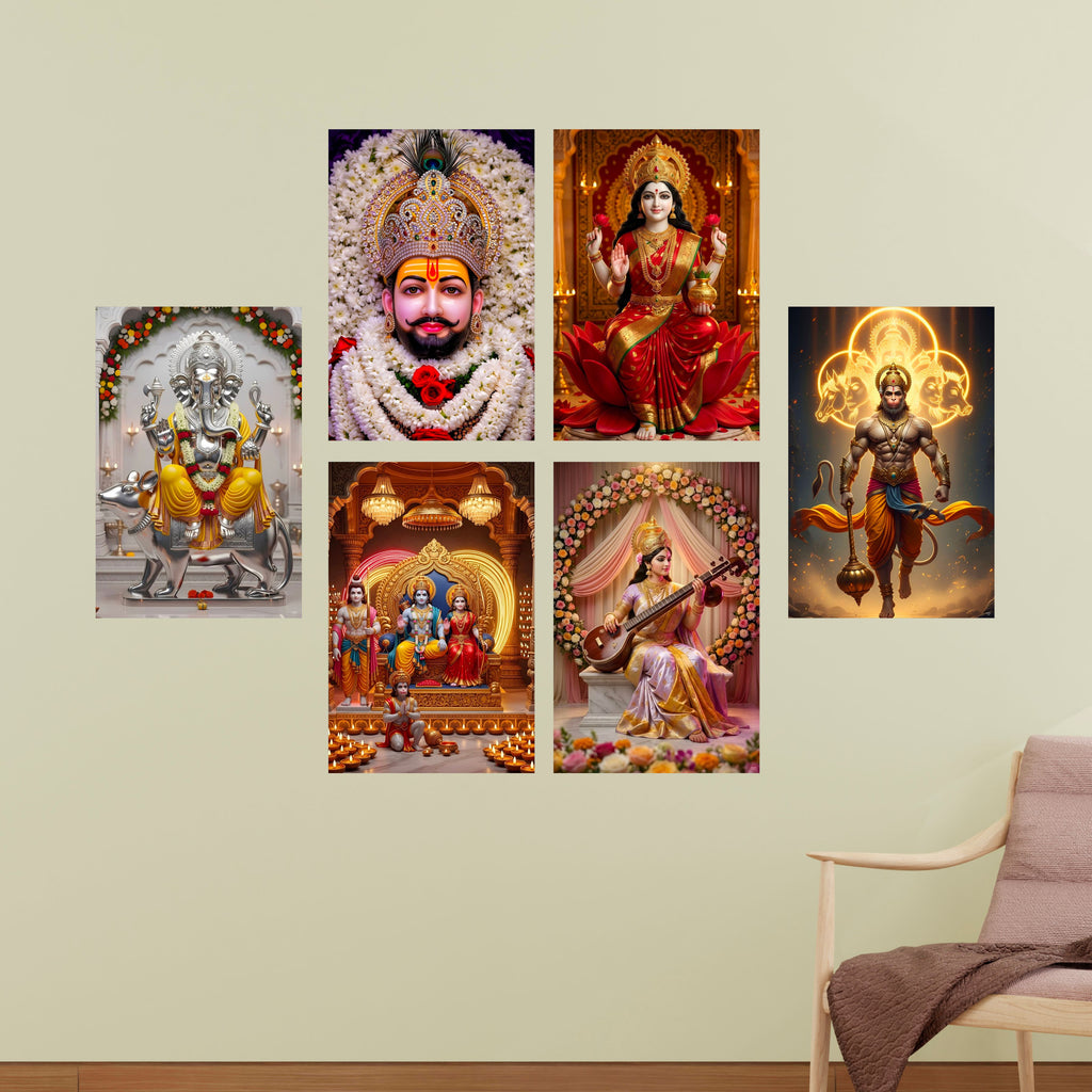 Hindu Gods Posters for Pooja Room and Home Temple (Pack Of 6) A3 Size, Self Adhesive, Laminated, 300 GSM Paper, Unframed Wall Décor Ganesha, Khatu Shyam Ji, Laxmi Ji, Ram Darbar, Saraswati Ji and Panch Mukhi Hanuman