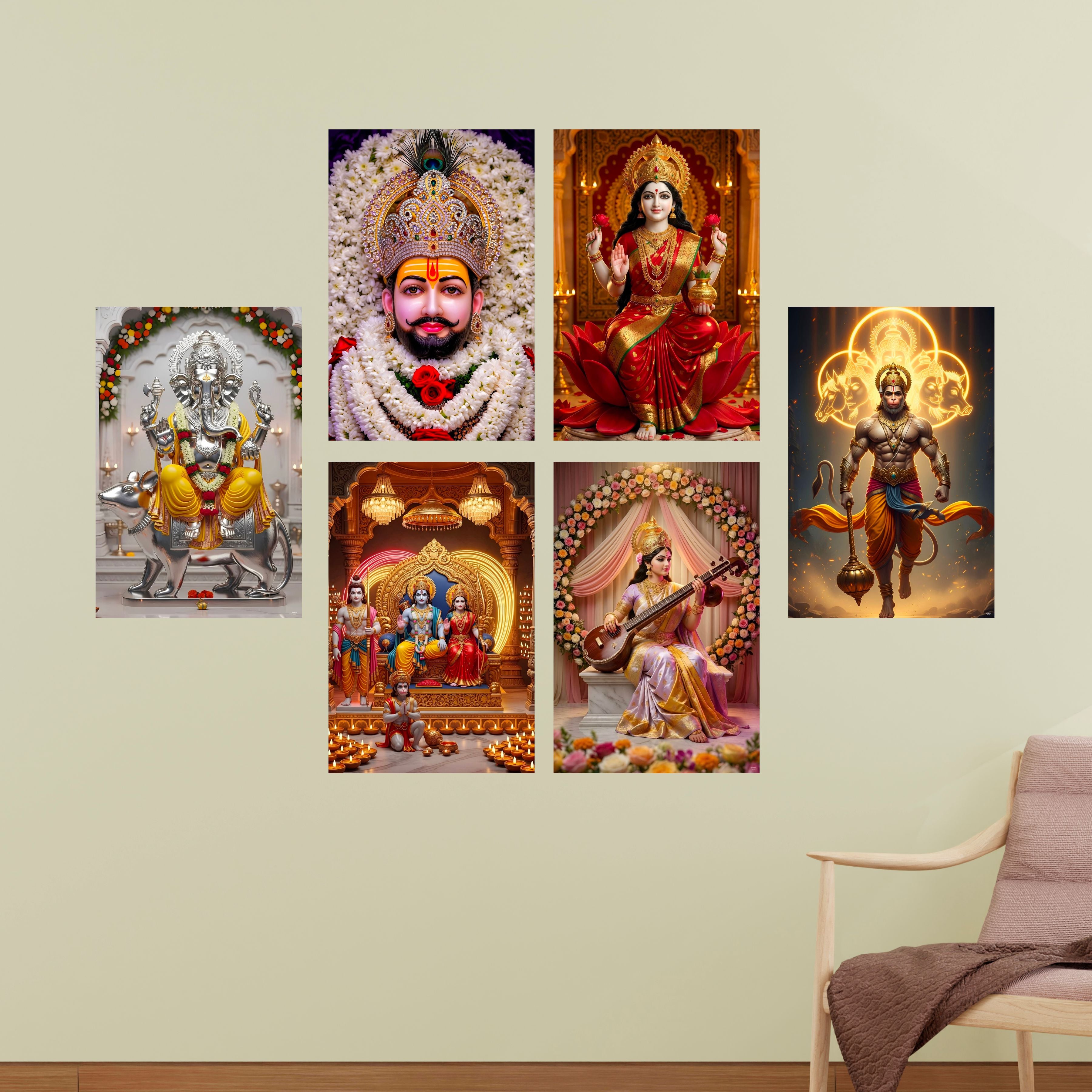 Hindu Gods Posters for Pooja Room and Home Temple (Pack Of 6) A3 Size, Self Adhesive, Laminated, 300 GSM Paper, Unframed Wall Décor Ganesha, Khatu Shyam Ji, Laxmi Ji, Ram Darbar, Saraswati Ji and Panch Mukhi Hanuman