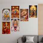 Hindu Gods Posters for Pooja Room and Home Temple (Pack Of 6) A3 Size, Self Adhesive, Laminated, 300 GSM Paper, Unframed Wall Décor Ganesha, Khatu Shyam Ji, Laxmi Ji, Ram Darbar, Saraswati Ji and Panch Mukhi Hanuman
