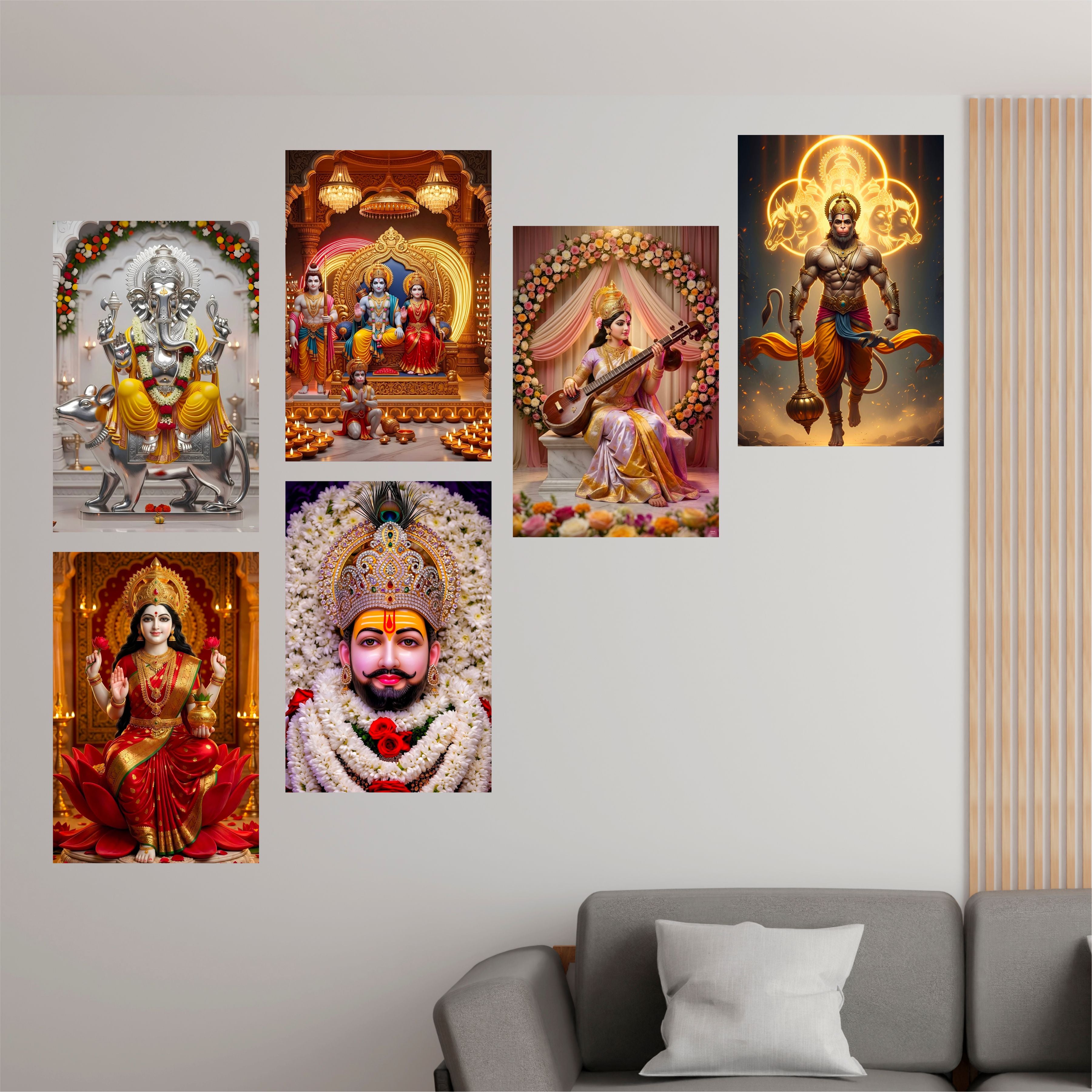 Hindu Gods Posters for Pooja Room and Home Temple (Pack Of 6) A3 Size, Self Adhesive, Laminated, 300 GSM Paper, Unframed Wall Décor Ganesha, Khatu Shyam Ji, Laxmi Ji, Ram Darbar, Saraswati Ji and Panch Mukhi Hanuman