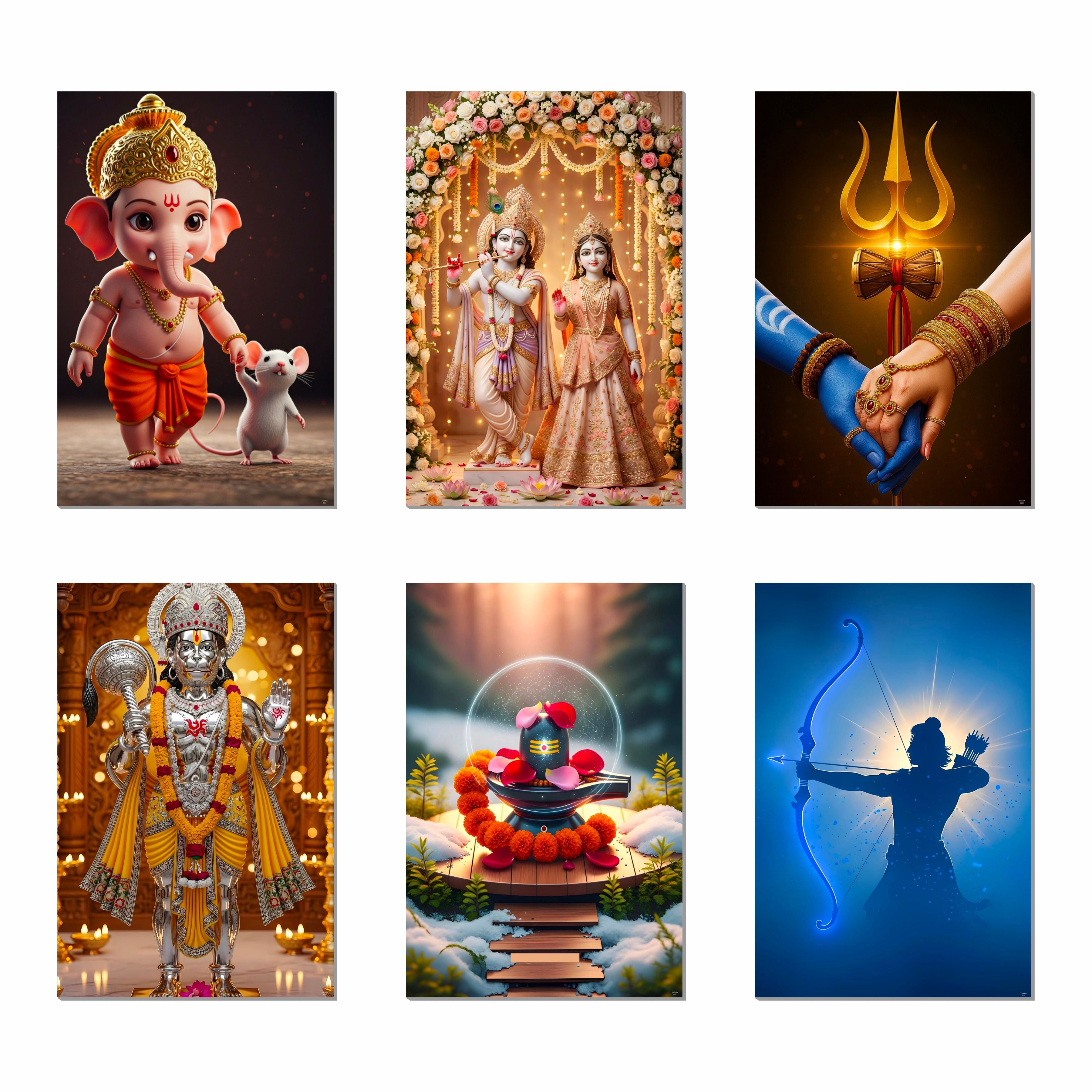 Hindu Gods Posters for Pooja Room and Home Temple (Pack Of 6) 300 GSM Paper A3 Size, Self Adhesive Laminated Ganesha, Radha Krishna, Mahadev, Hanuman Ji, Shivling and Shree Ram, Wall Decor Poster