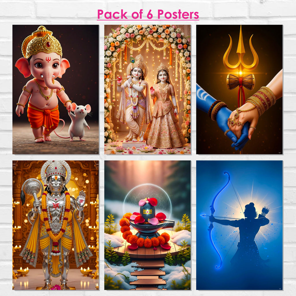 Hindu Gods Posters for Pooja Room and Home Temple (Pack Of 6) 300 GSM Paper A3 Size, Self Adhesive Laminated Ganesha, Radha Krishna, Mahadev, Hanuman Ji, Shivling and Shree Ram, Wall Decor Poster