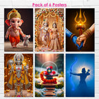 Hindu Gods Posters for Pooja Room and Home Temple (Pack Of 6) 300 GSM Paper A3 Size, Self Adhesive Laminated Ganesha, Radha Krishna, Mahadev, Hanuman Ji, Shivling and Shree Ram, Wall Decor Poster