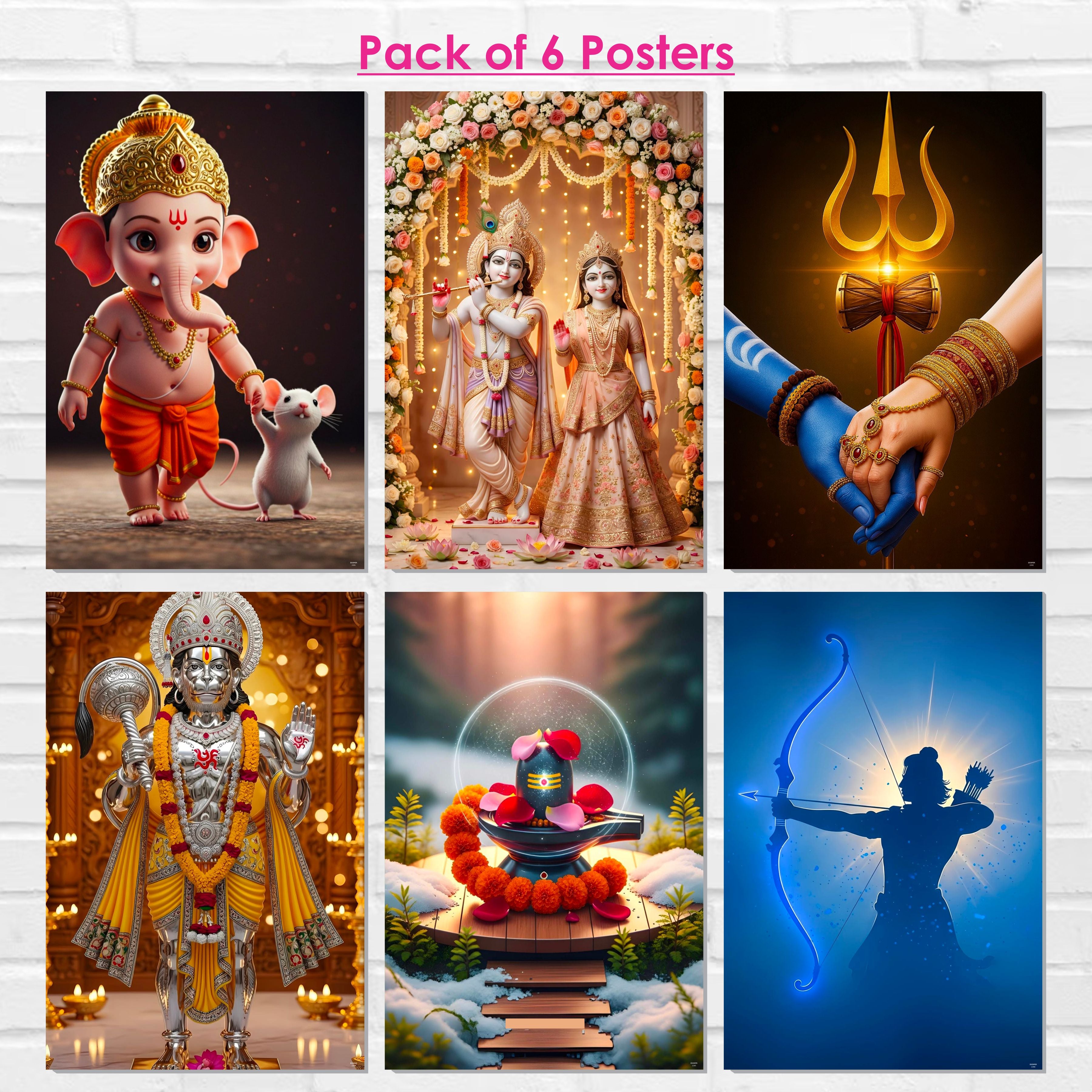 Hindu Gods Posters for Pooja Room and Home Temple (Pack Of 6) 300 GSM Paper A3 Size, Self Adhesive Laminated Ganesha, Radha Krishna, Mahadev, Hanuman Ji, Shivling and Shree Ram, Wall Decor Poster