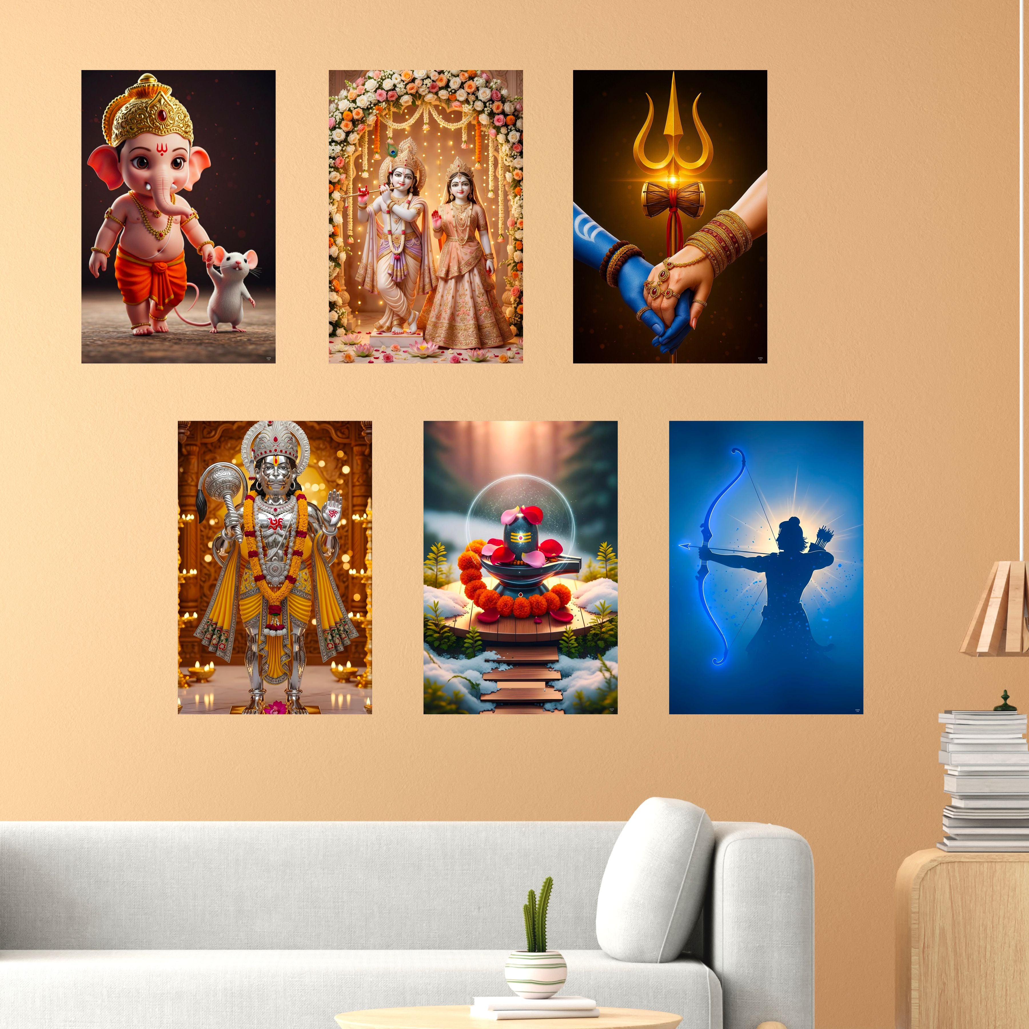 Hindu Gods Posters for Pooja Room and Home Temple (Pack Of 6) 300 GSM Paper A3 Size, Self Adhesive Laminated Ganesha, Radha Krishna, Mahadev, Hanuman Ji, Shivling and Shree Ram, Wall Decor Poster