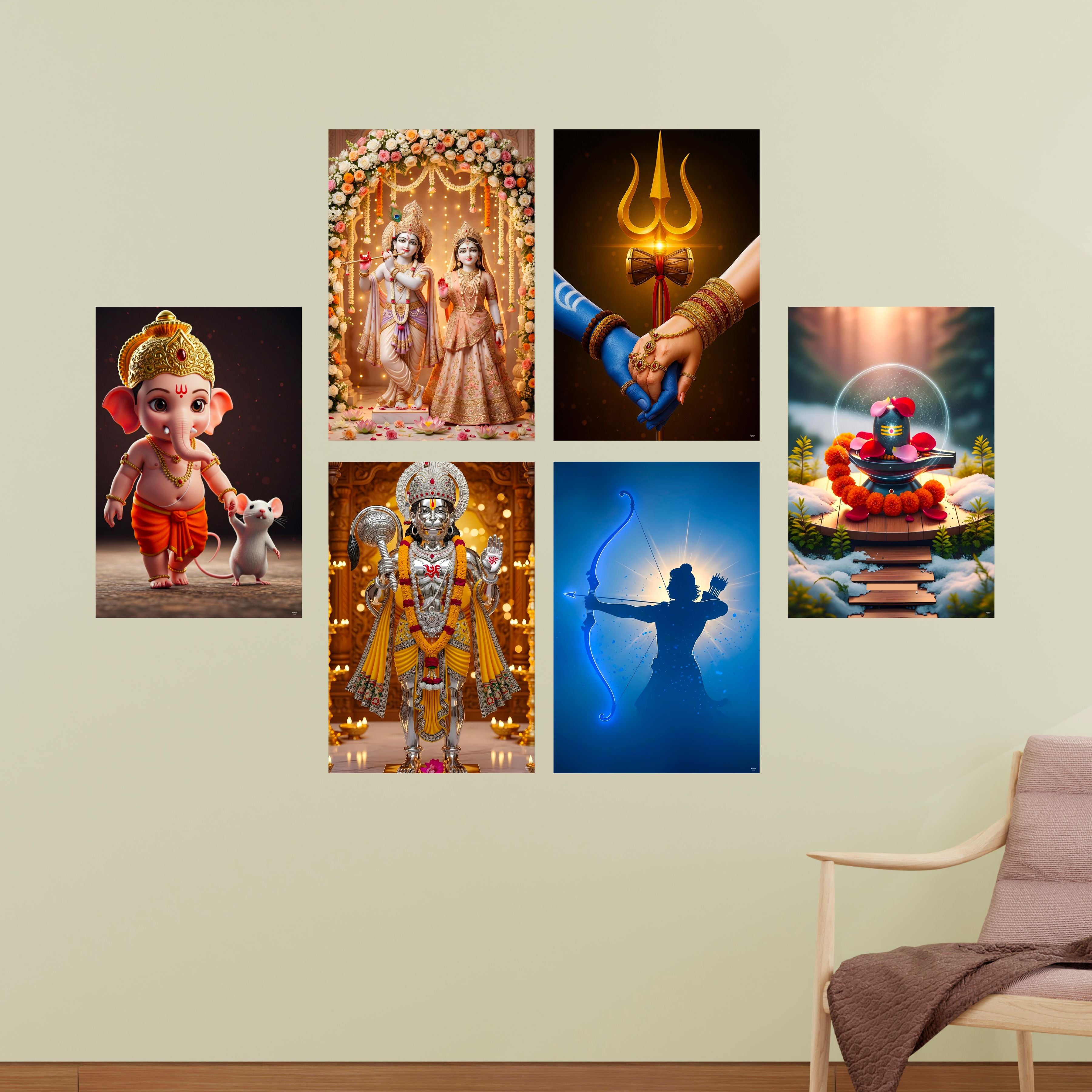 Hindu Gods Posters for Pooja Room and Home Temple (Pack Of 6) 300 GSM Paper A3 Size, Self Adhesive Laminated Ganesha, Radha Krishna, Mahadev, Hanuman Ji, Shivling and Shree Ram, Wall Decor Poster