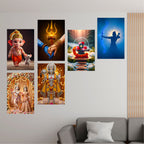 Hindu Gods Posters for Pooja Room and Home Temple (Pack Of 6) 300 GSM Paper A3 Size, Self Adhesive Laminated Ganesha, Radha Krishna, Mahadev, Hanuman Ji, Shivling and Shree Ram, Wall Decor Poster