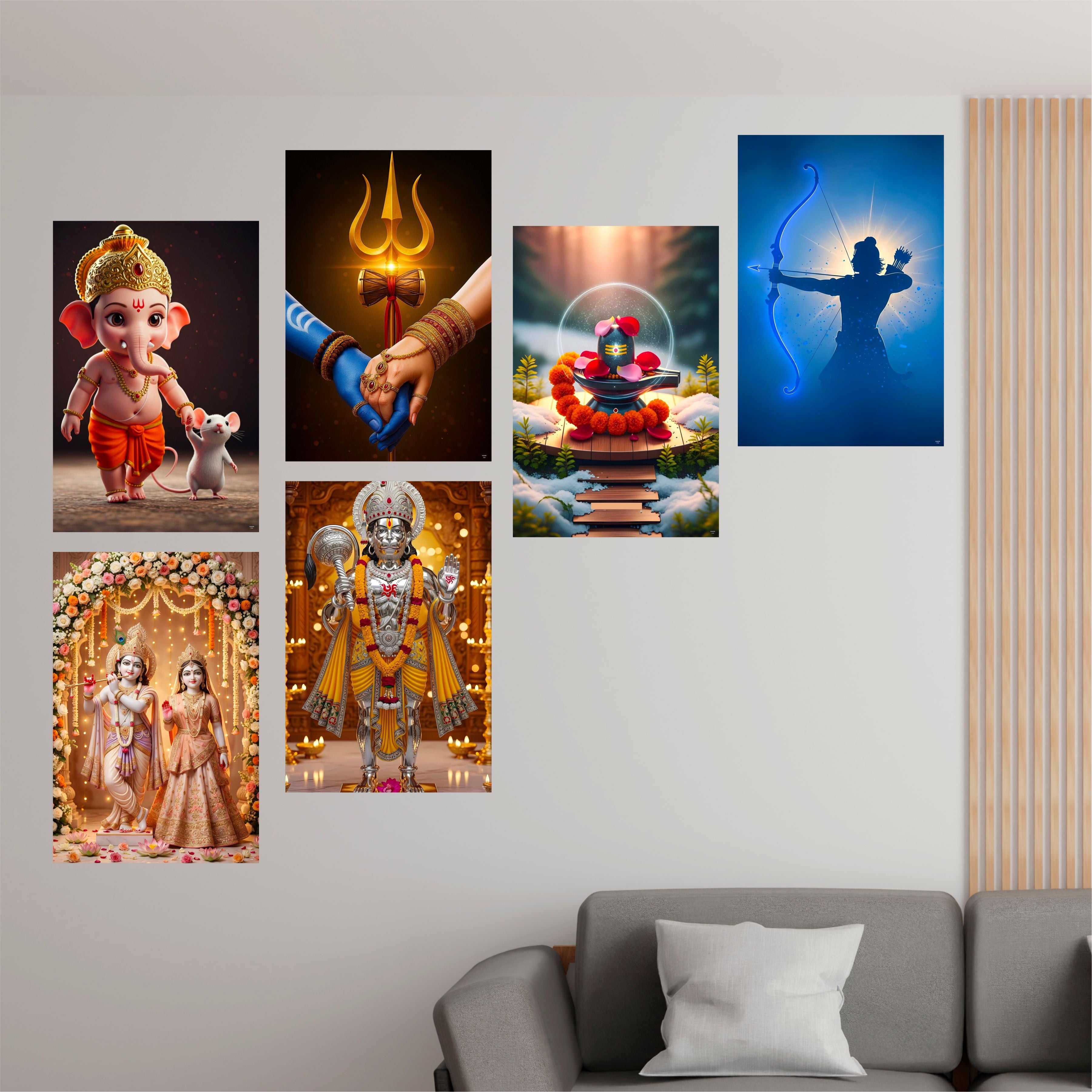 Hindu Gods Posters for Pooja Room and Home Temple (Pack Of 6) 300 GSM Paper A3 Size, Self Adhesive Laminated Ganesha, Radha Krishna, Mahadev, Hanuman Ji, Shivling and Shree Ram, Wall Decor Poster