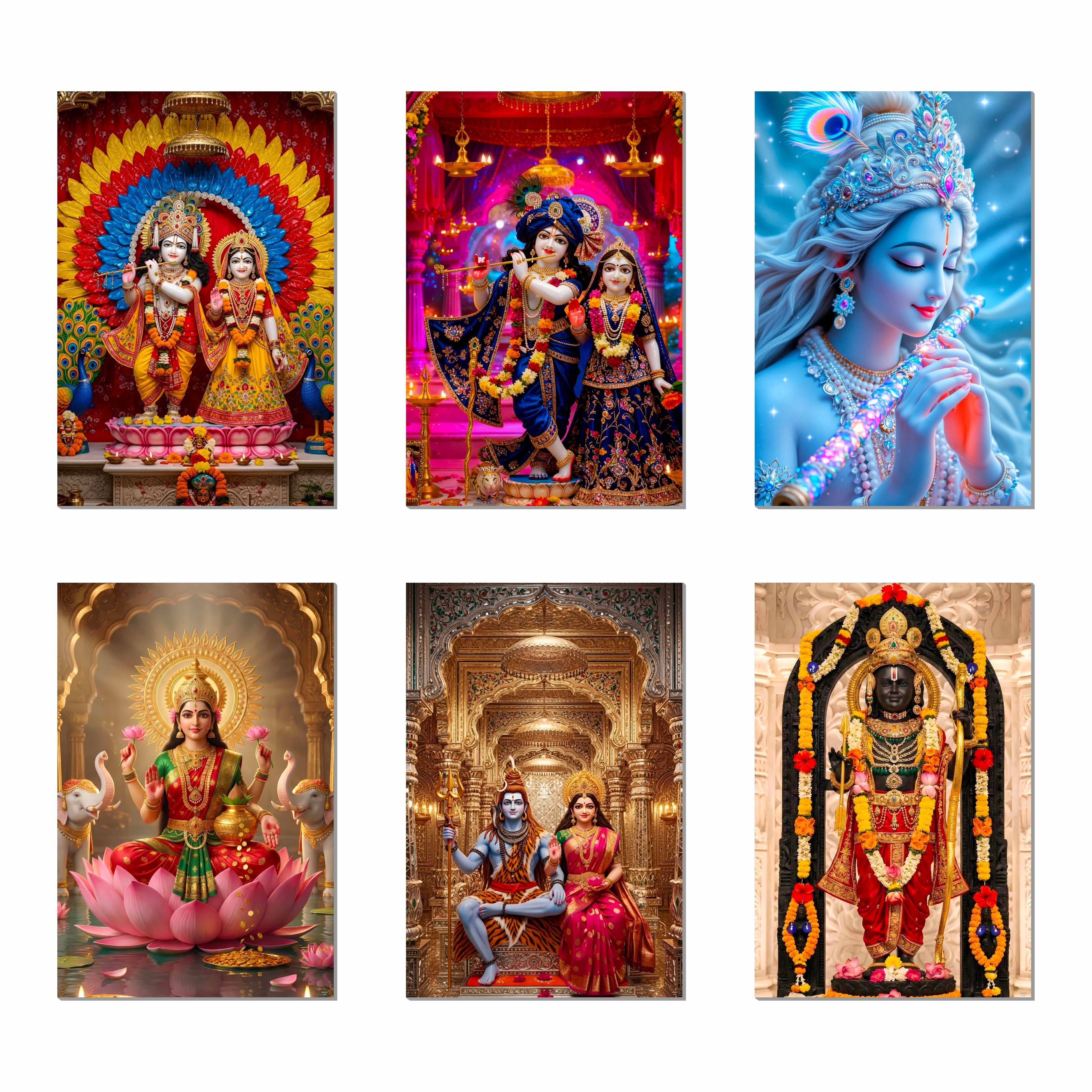 Radha Krishna, Lakshmi Ji, Ram Lala, Shivling & Shiv Parvati Posters – (Pack of 6) A3 Self-Adhesive Laminated Religious Wall Art – Unframed God & Goddess Posters for Pooja Room & Home Temple