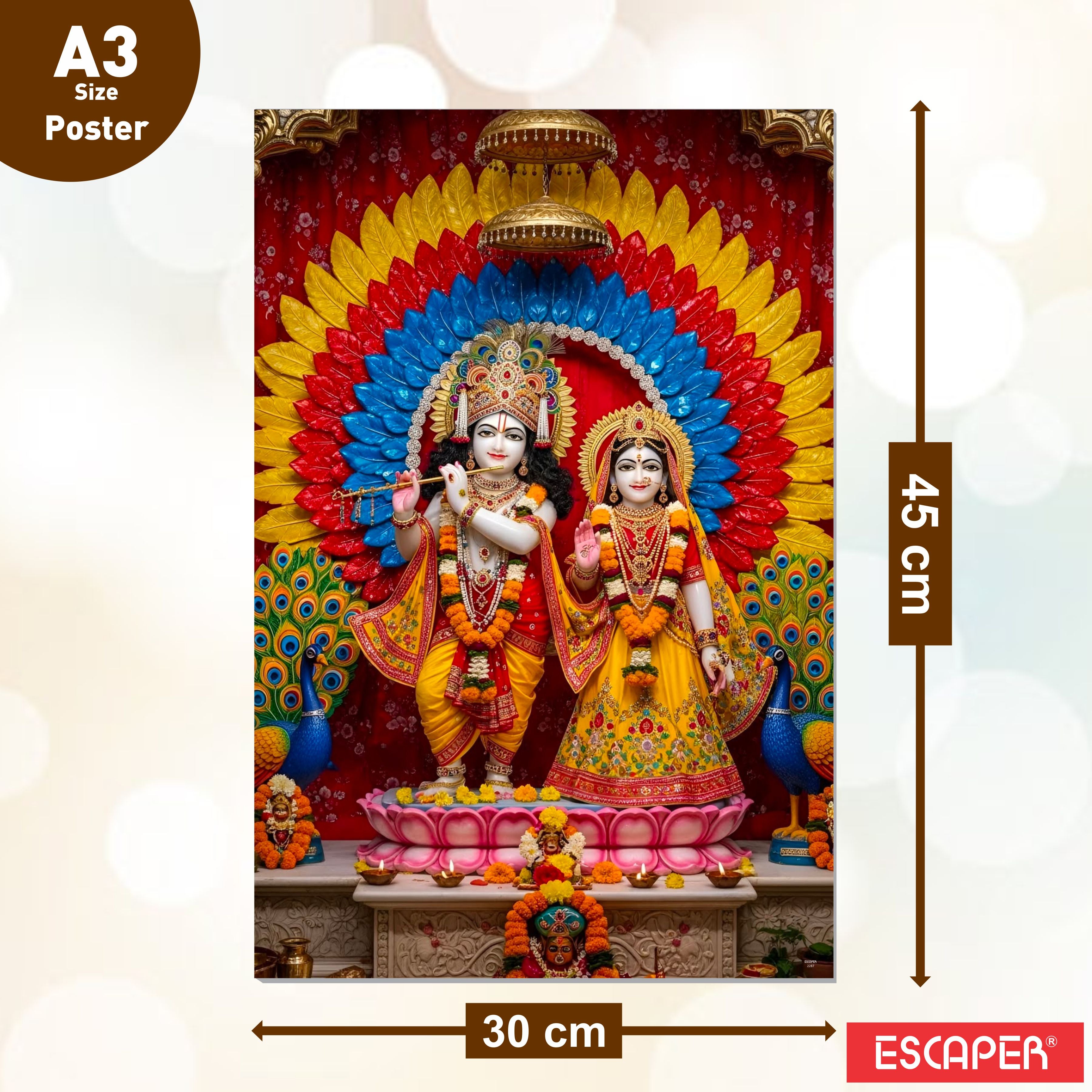 Radha Krishna, Lakshmi Ji, Ram Lala, Shivling & Shiv Parvati Posters – (Pack of 6) A3 Self-Adhesive Laminated Religious Wall Art – Unframed God & Goddess Posters for Pooja Room & Home Temple