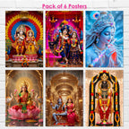Radha Krishna, Lakshmi Ji, Ram Lala, Shivling & Shiv Parvati Posters – (Pack of 6) A3 Self-Adhesive Laminated Religious Wall Art – Unframed God & Goddess Posters for Pooja Room & Home Temple