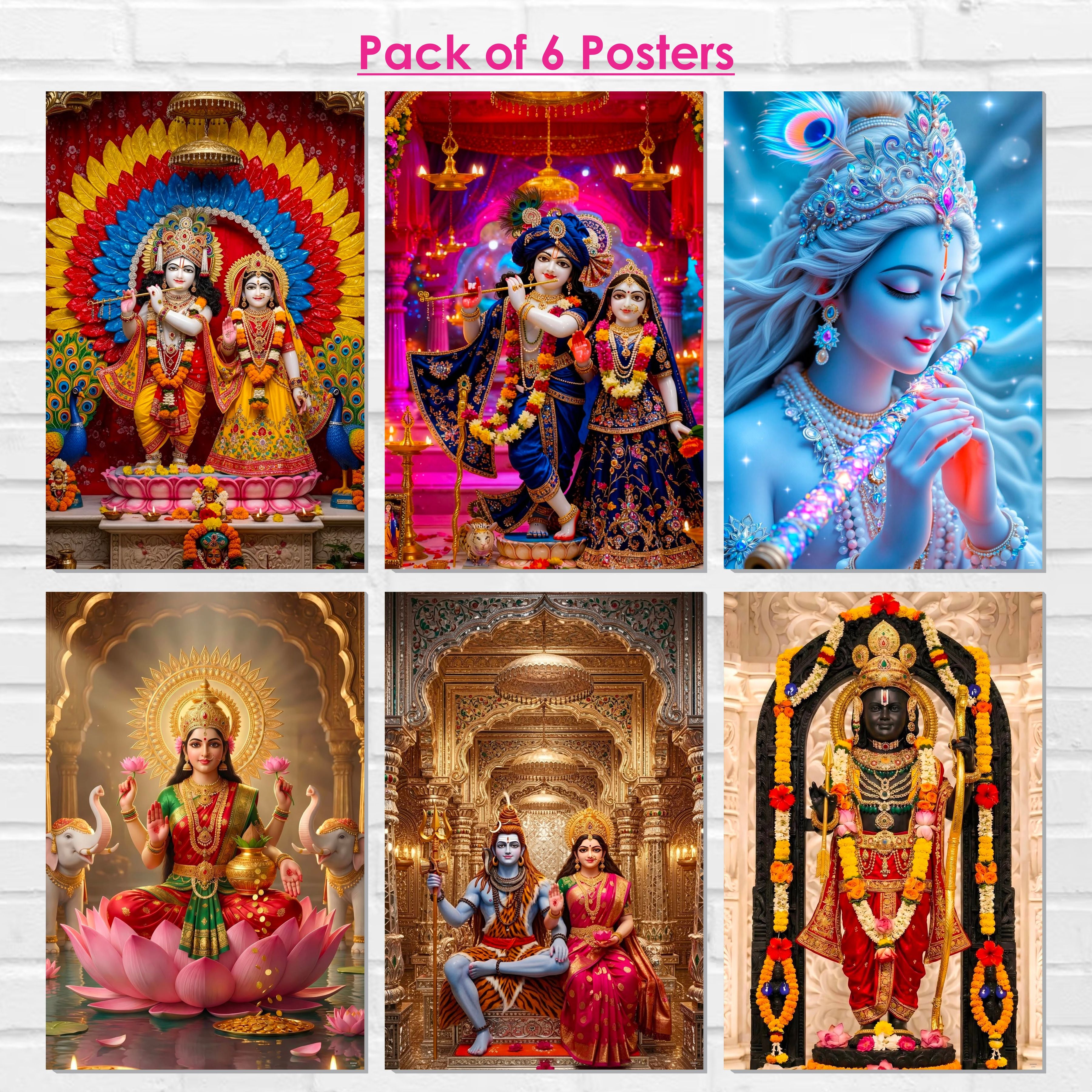 Radha Krishna, Lakshmi Ji, Ram Lala, Shivling & Shiv Parvati Posters – (Pack of 6) A3 Self-Adhesive Laminated Religious Wall Art – Unframed God & Goddess Posters for Pooja Room & Home Temple