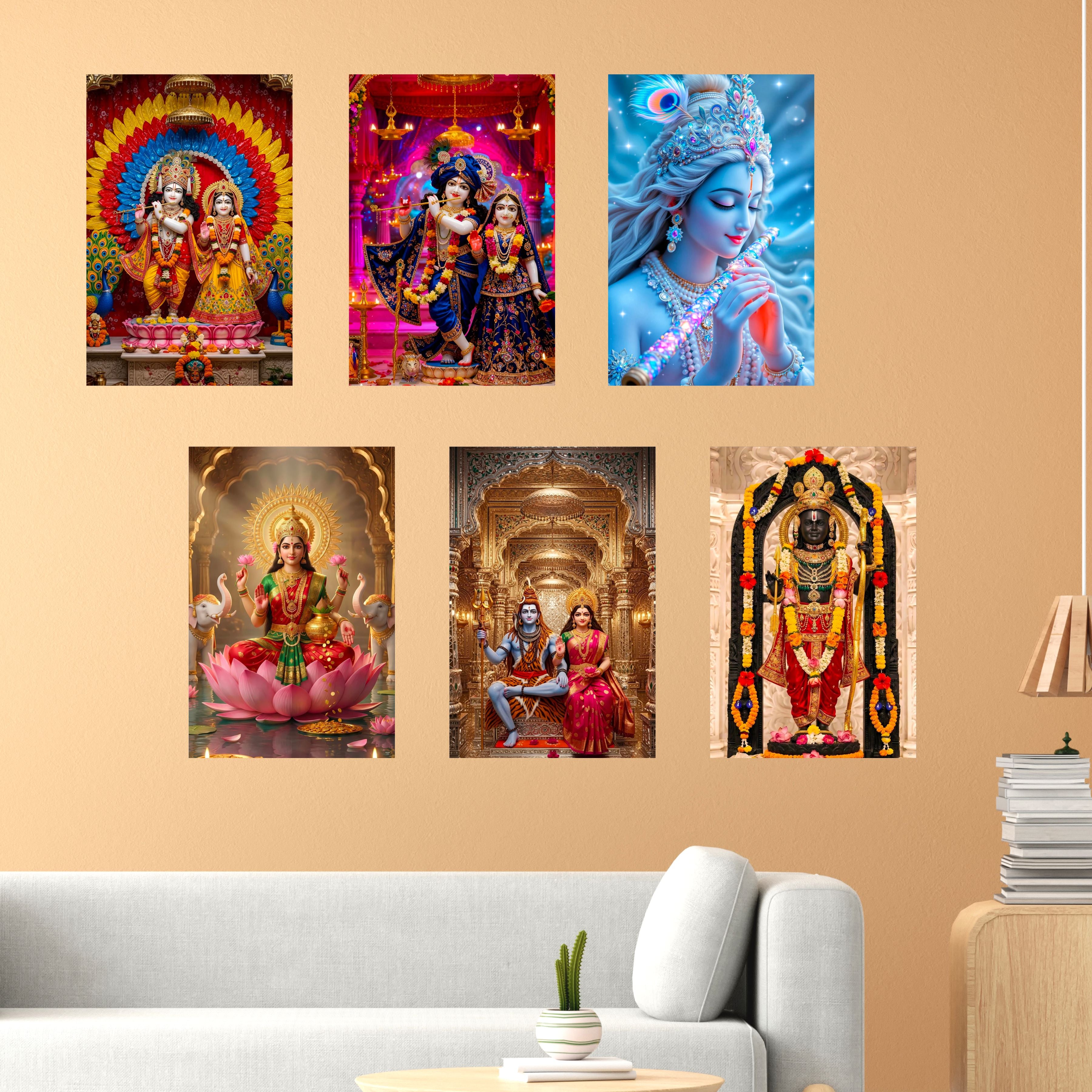 Radha Krishna, Lakshmi Ji, Ram Lala, Shivling & Shiv Parvati Posters – (Pack of 6) A3 Self-Adhesive Laminated Religious Wall Art – Unframed God & Goddess Posters for Pooja Room & Home Temple