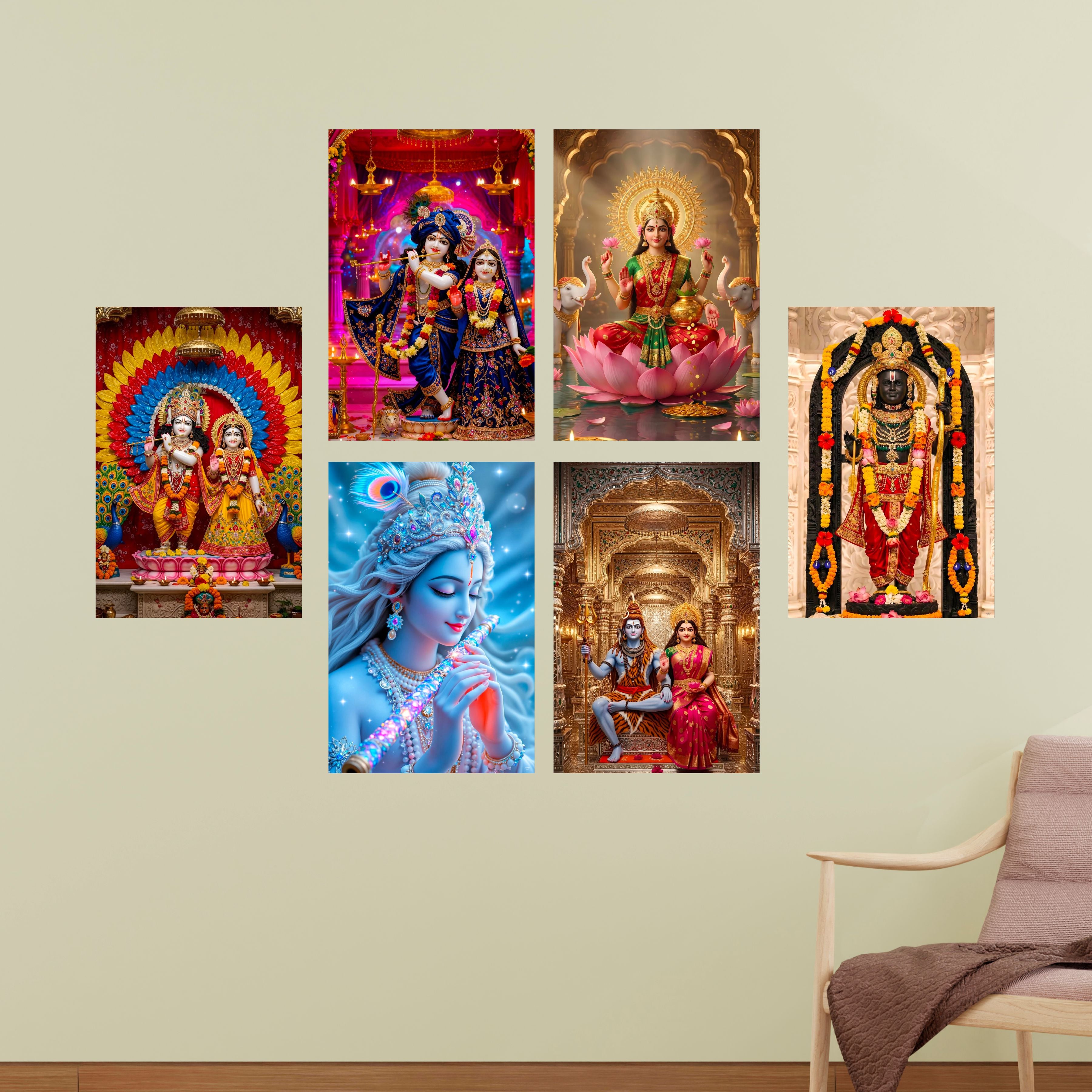 Radha Krishna, Lakshmi Ji, Ram Lala, Shivling & Shiv Parvati Posters – (Pack of 6) A3 Self-Adhesive Laminated Religious Wall Art – Unframed God & Goddess Posters for Pooja Room & Home Temple