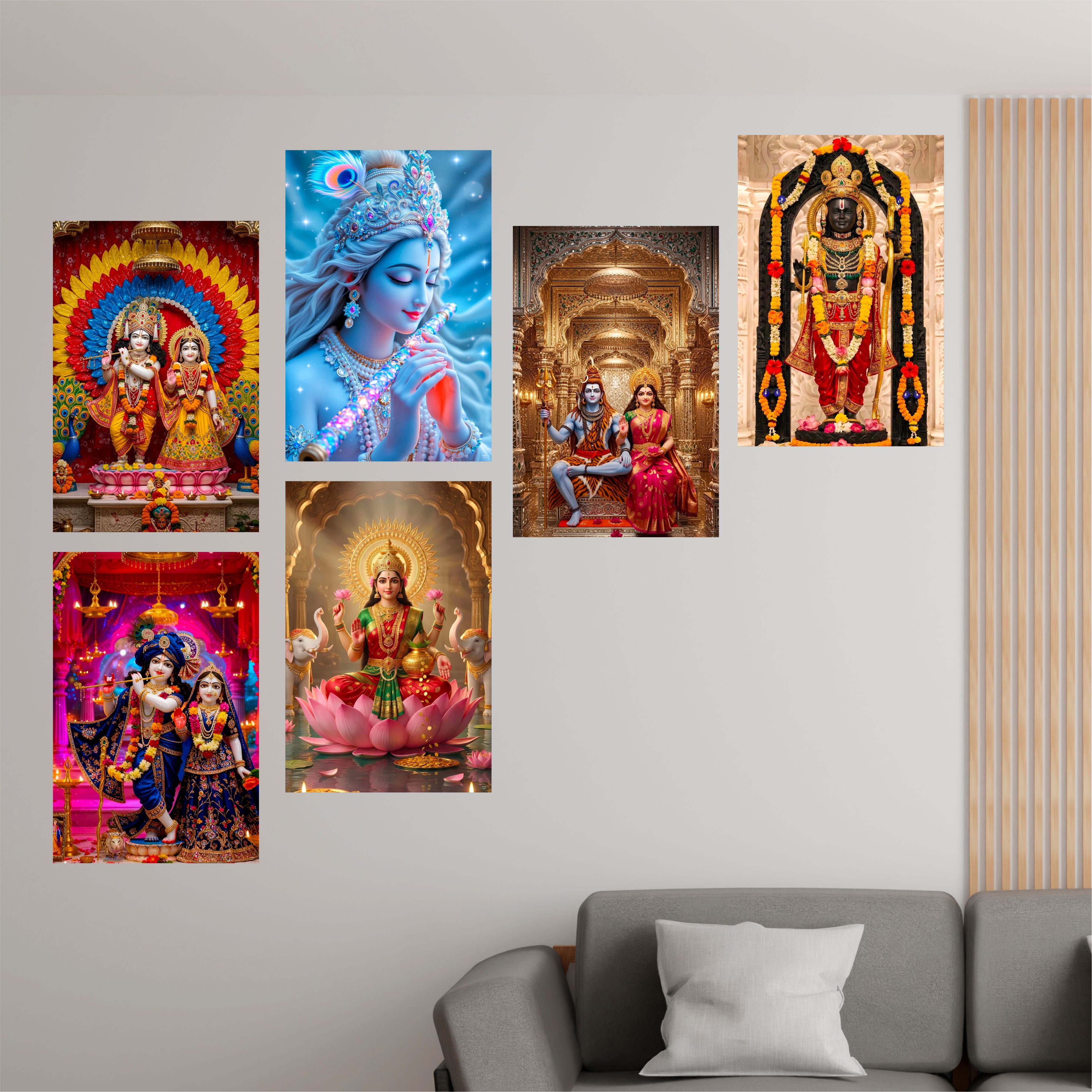 Radha Krishna, Lakshmi Ji, Ram Lala, Shivling & Shiv Parvati Posters – (Pack of 6) A3 Self-Adhesive Laminated Religious Wall Art – Unframed God & Goddess Posters for Pooja Room & Home Temple