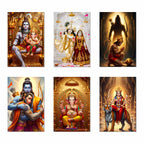 Hindu Devotional Posters (Pack of 6) Shiv Ganesh, Radha Krishna, Hanuman Ji, Ganesh Ji, Ma Durga, A3 Laminated, Self-Adhesive Wall Art for Pooja Room & Home Temple