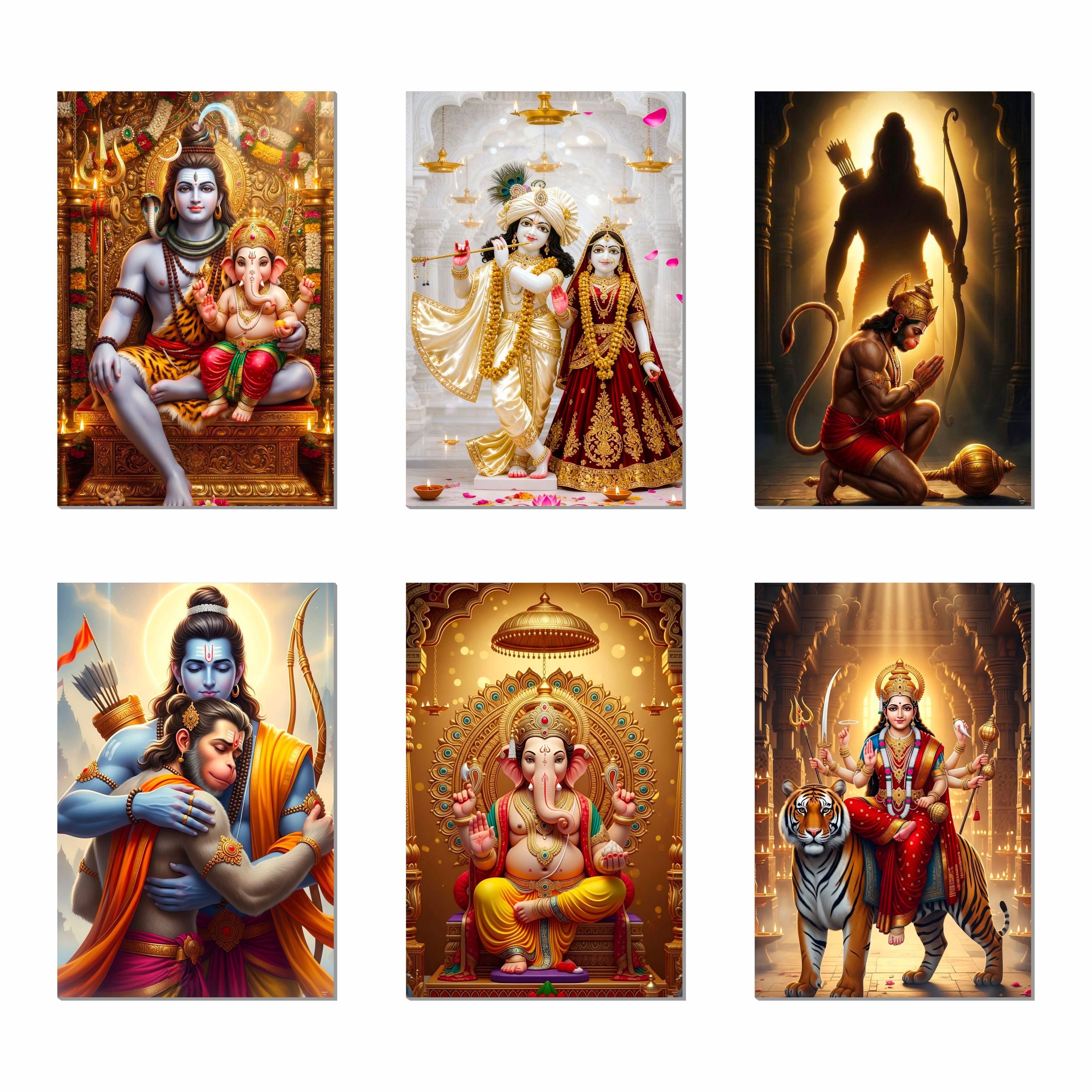 Hindu Devotional Posters (Pack of 6) Shiv Ganesh, Radha Krishna, Hanuman Ji, Ganesh Ji, Ma Durga, A3 Laminated, Self-Adhesive Wall Art for Pooja Room & Home Temple