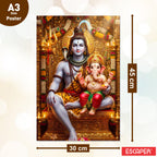 Hindu Devotional Posters (Pack of 6) Shiv Ganesh, Radha Krishna, Hanuman Ji, Ganesh Ji, Ma Durga, A3 Laminated, Self-Adhesive Wall Art for Pooja Room & Home Temple