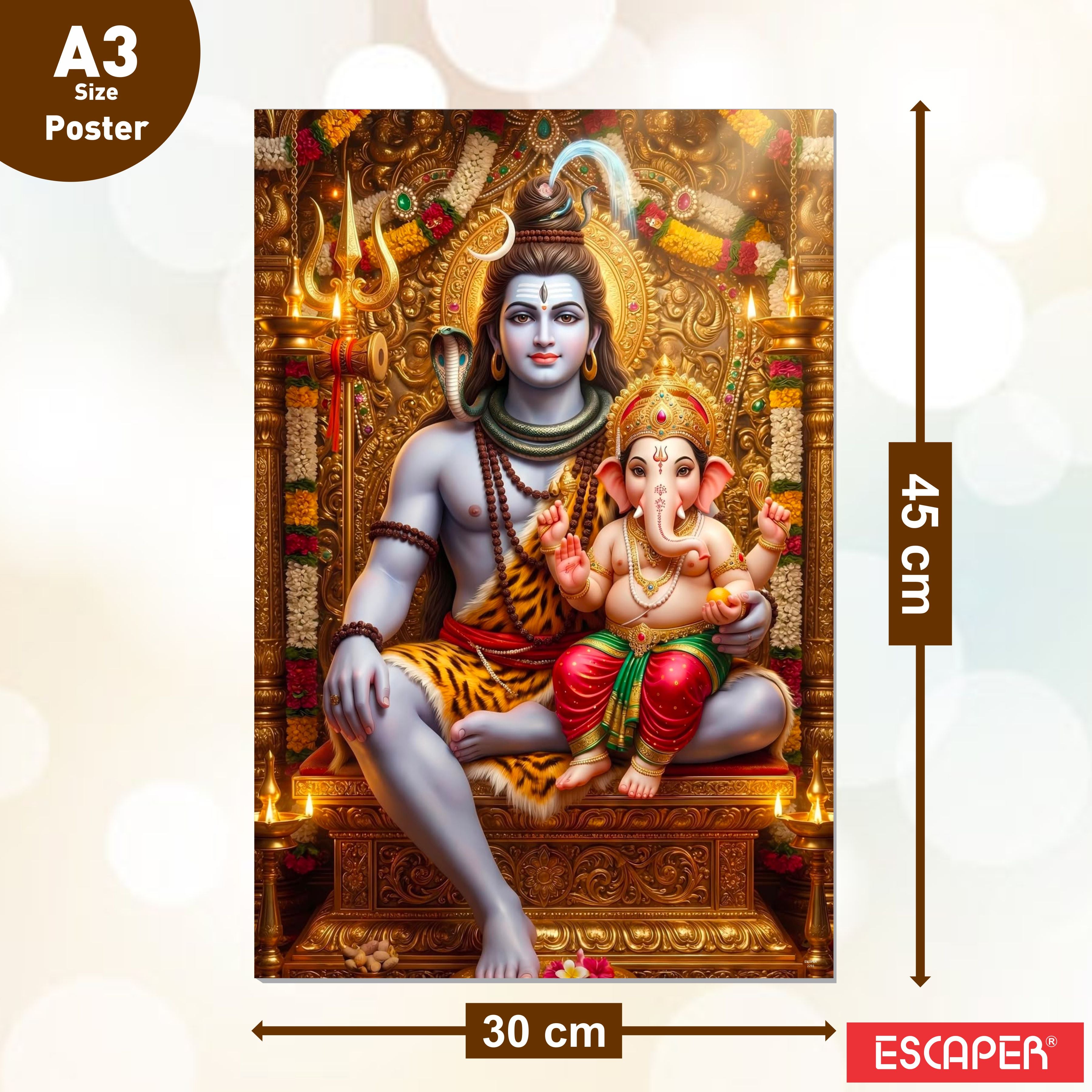 Hindu Devotional Posters (Pack of 6) Shiv Ganesh, Radha Krishna, Hanuman Ji, Ganesh Ji, Ma Durga, A3 Laminated, Self-Adhesive Wall Art for Pooja Room & Home Temple