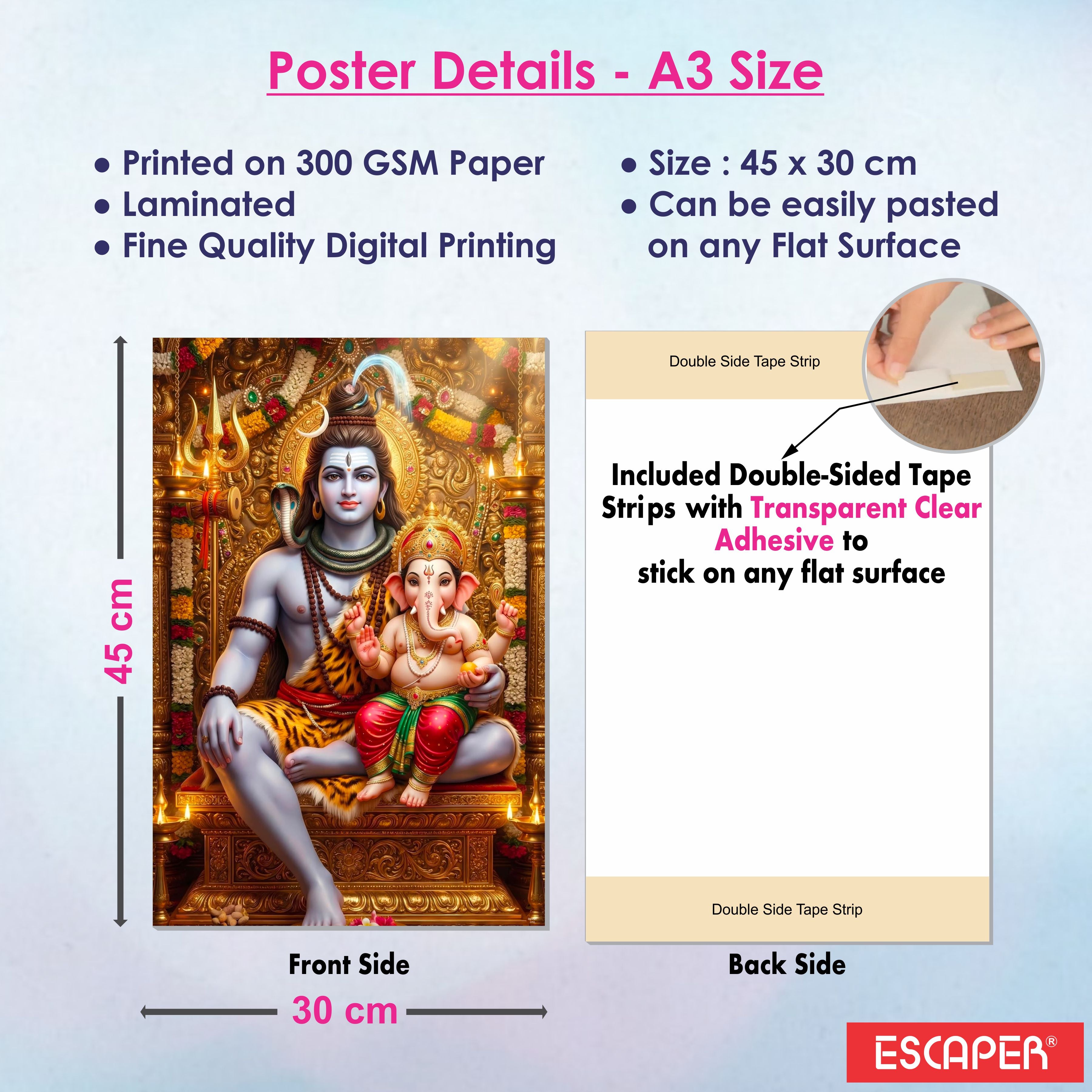 Hindu Devotional Posters (Pack of 6) Shiv Ganesh, Radha Krishna, Hanuman Ji, Ganesh Ji, Ma Durga, A3 Laminated, Self-Adhesive Wall Art for Pooja Room & Home Temple