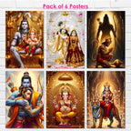 Hindu Devotional Posters (Pack of 6) Shiv Ganesh, Radha Krishna, Hanuman Ji, Ganesh Ji, Ma Durga, A3 Laminated, Self-Adhesive Wall Art for Pooja Room & Home Temple