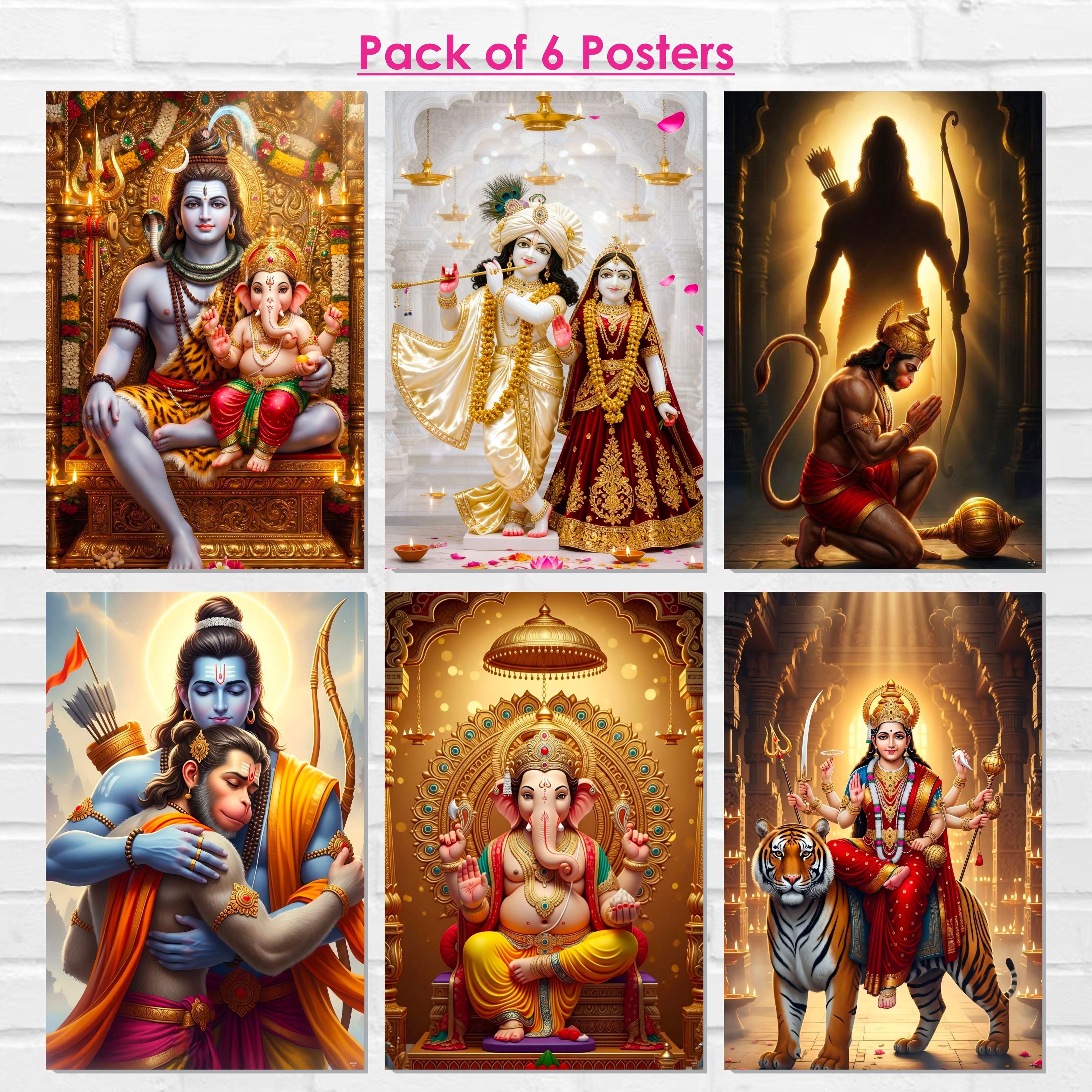 Hindu Devotional Posters (Pack of 6) Shiv Ganesh, Radha Krishna, Hanuman Ji, Ganesh Ji, Ma Durga, A3 Laminated, Self-Adhesive Wall Art for Pooja Room & Home Temple