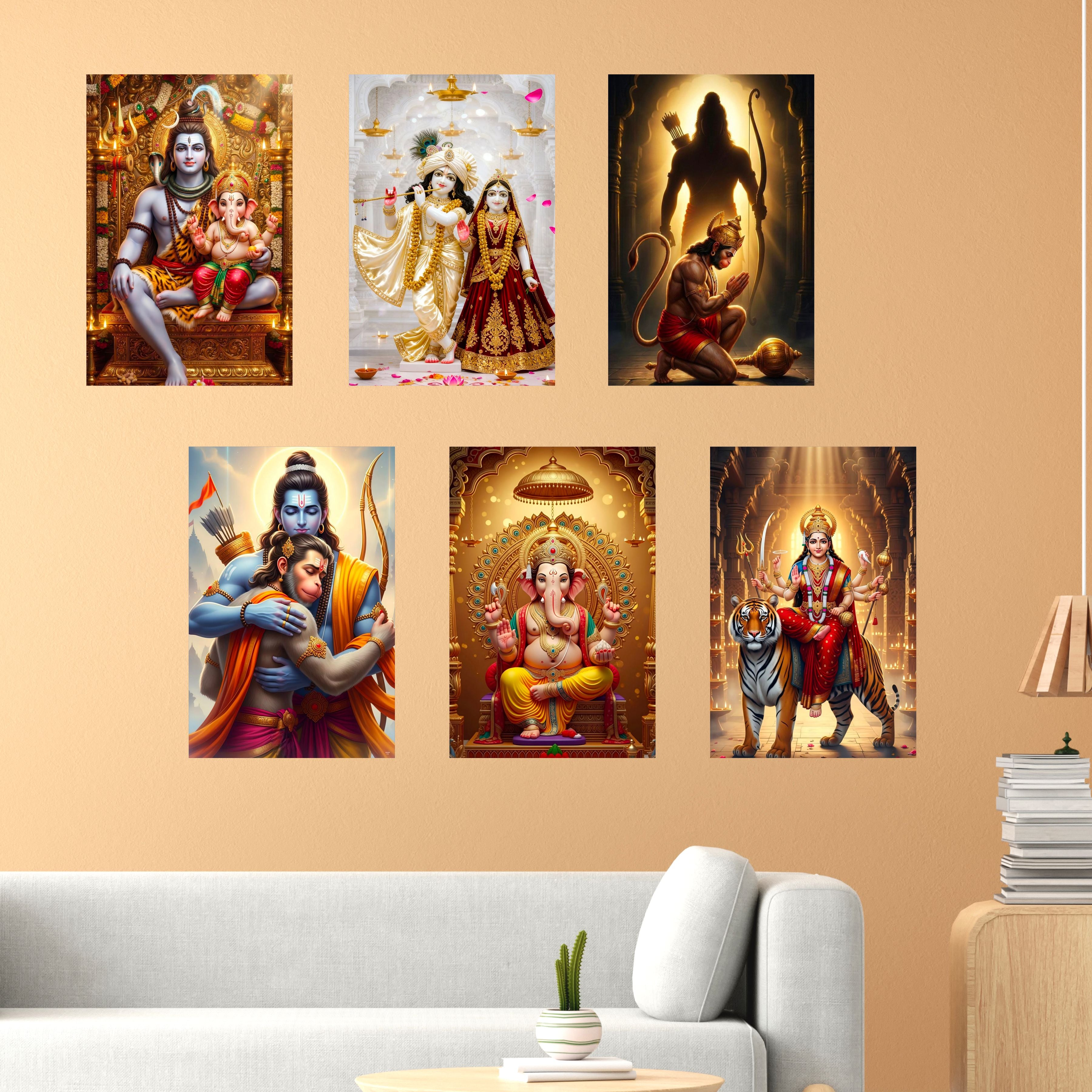 Hindu Devotional Posters (Pack of 6) Shiv Ganesh, Radha Krishna, Hanuman Ji, Ganesh Ji, Ma Durga, A3 Laminated, Self-Adhesive Wall Art for Pooja Room & Home Temple