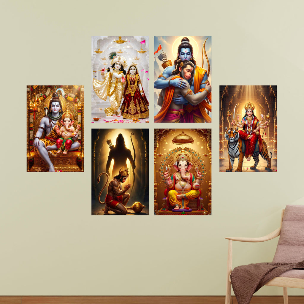 Hindu Devotional Posters (Pack of 6) Shiv Ganesh, Radha Krishna, Hanuman Ji, Ganesh Ji, Ma Durga, A3 Laminated, Self-Adhesive Wall Art for Pooja Room & Home Temple