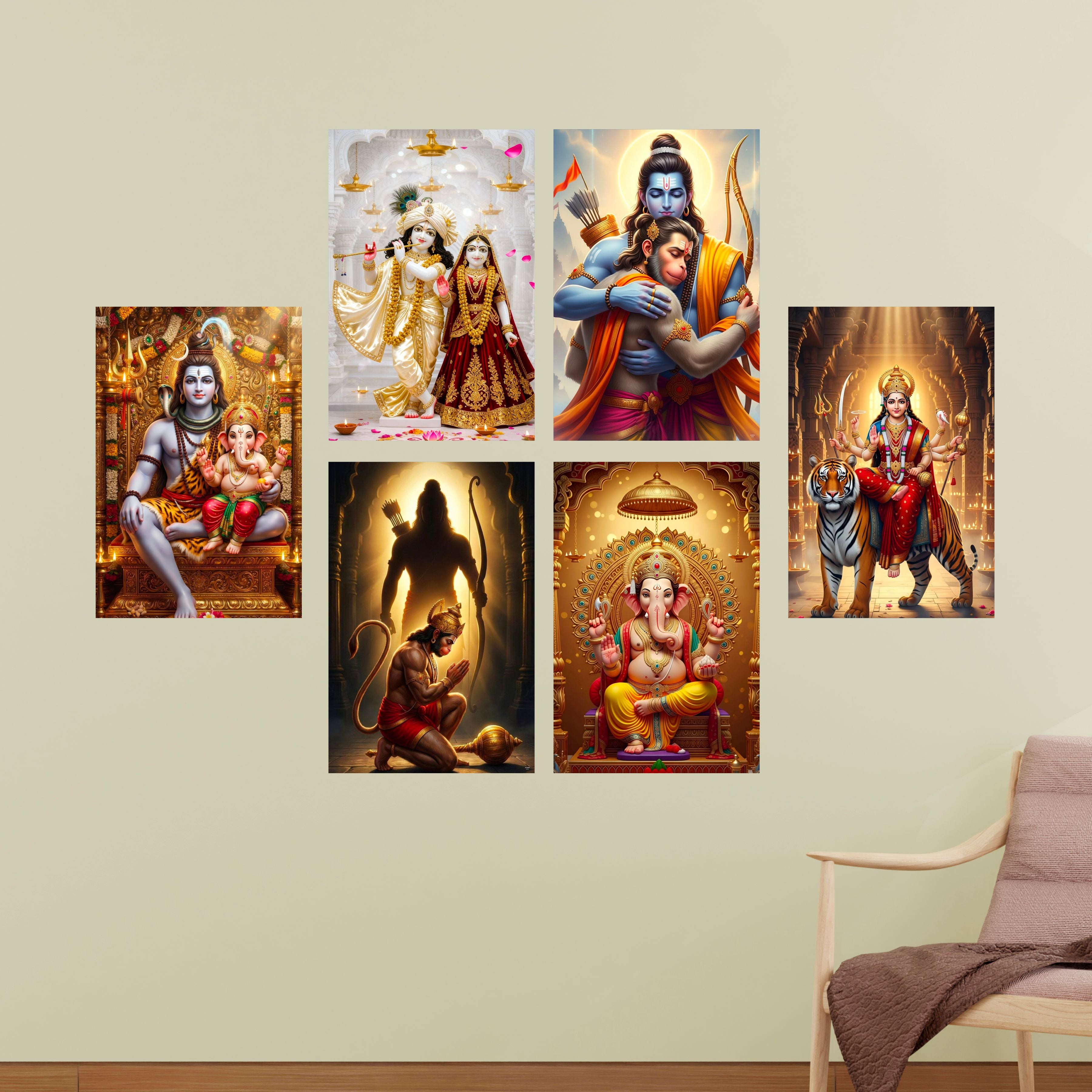 Hindu Devotional Posters (Pack of 6) Shiv Ganesh, Radha Krishna, Hanuman Ji, Ganesh Ji, Ma Durga, A3 Laminated, Self-Adhesive Wall Art for Pooja Room & Home Temple
