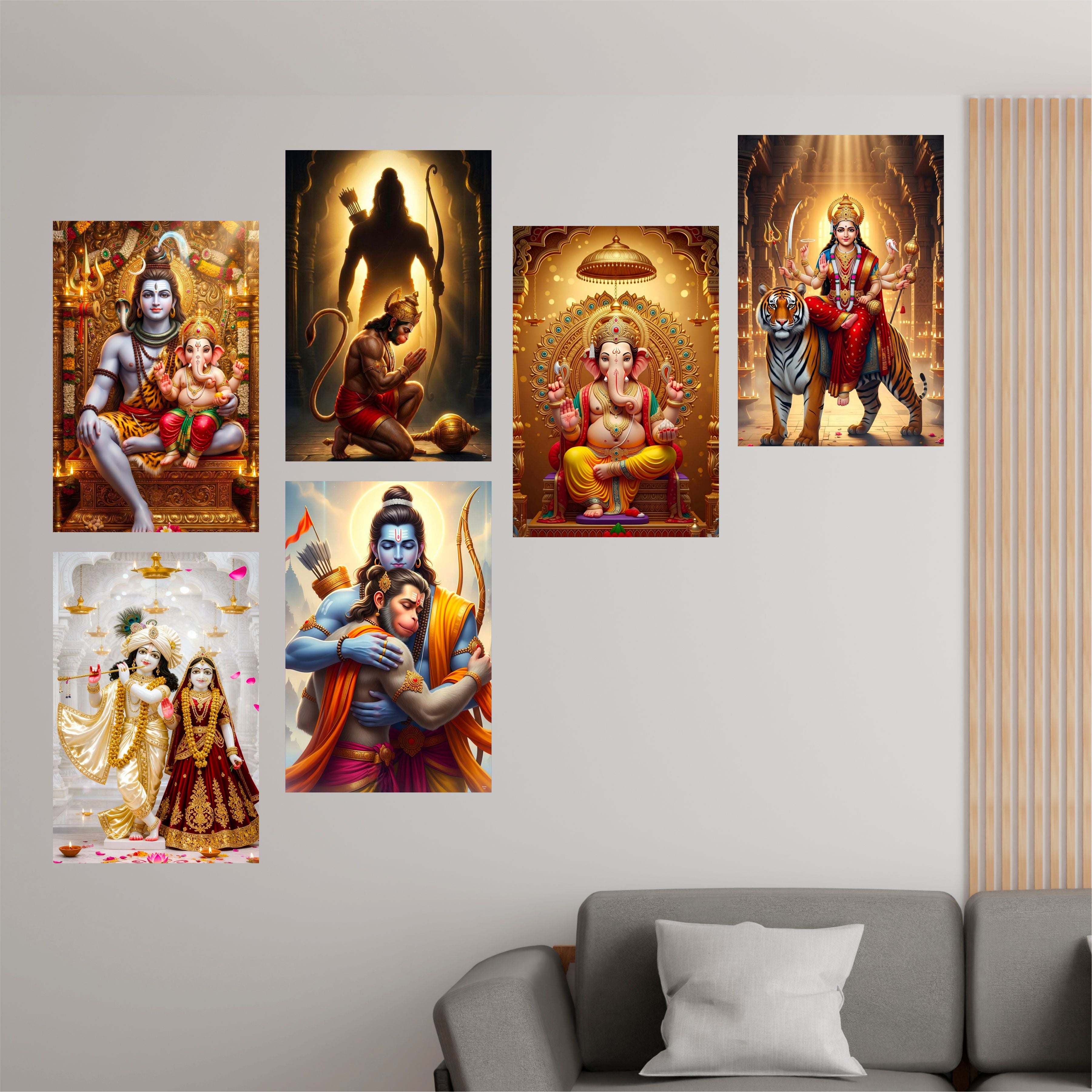 Hindu Devotional Posters (Pack of 6) Shiv Ganesh, Radha Krishna, Hanuman Ji, Ganesh Ji, Ma Durga, A3 Laminated, Self-Adhesive Wall Art for Pooja Room & Home Temple