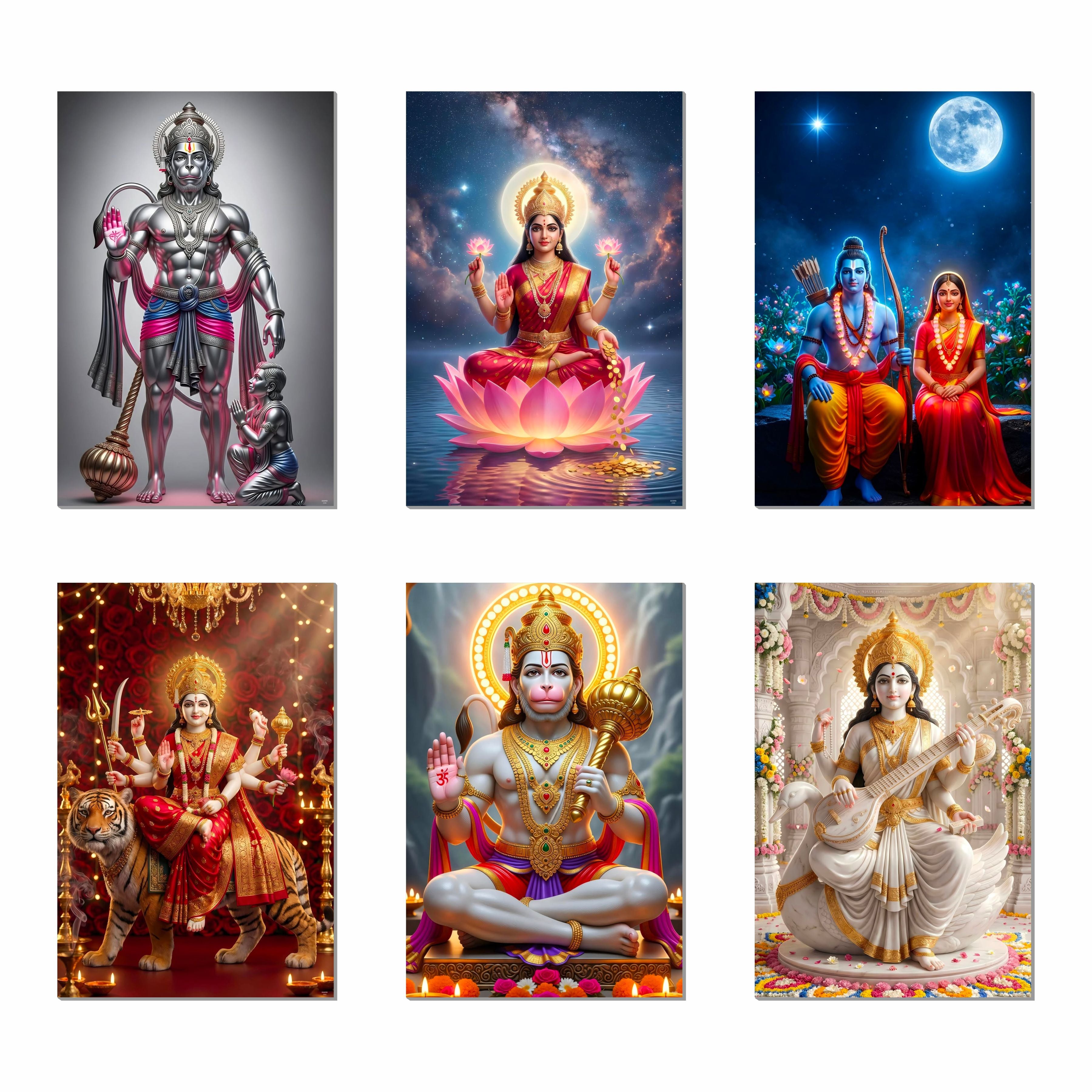 Hanuman Ji, Laxmi Ji, Sita Ram, Saraswati Ji and Ma Durga Poster (Pack of 6) A3 Size Laminated Self Adhesive Religious Wall Art Unframed Goddess Posters for Pooja Room and Home Temple