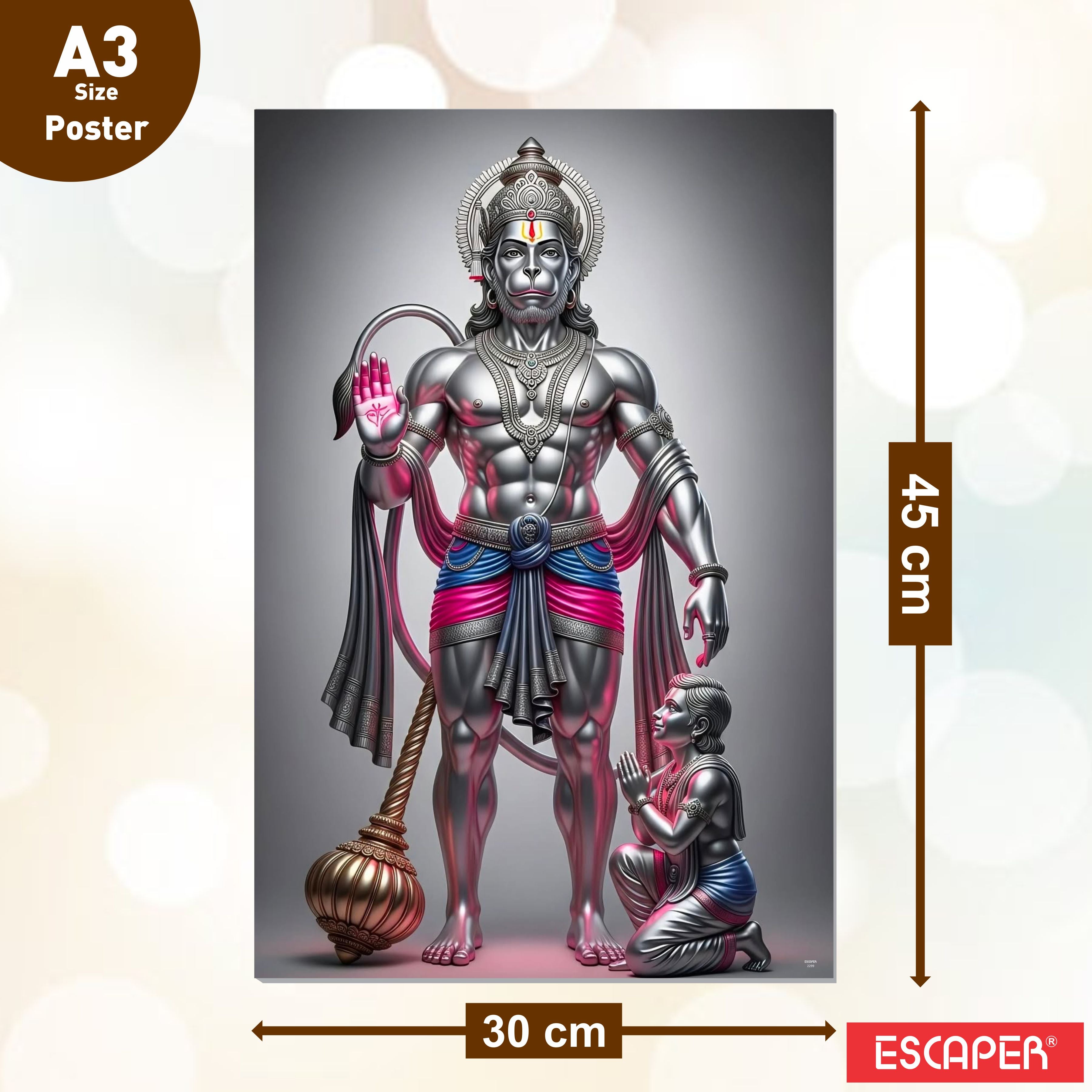 Hanuman Ji, Laxmi Ji, Sita Ram, Saraswati Ji and Ma Durga Poster (Pack of 6) A3 Size Laminated Self Adhesive Religious Wall Art Unframed Goddess Posters for Pooja Room and Home Temple