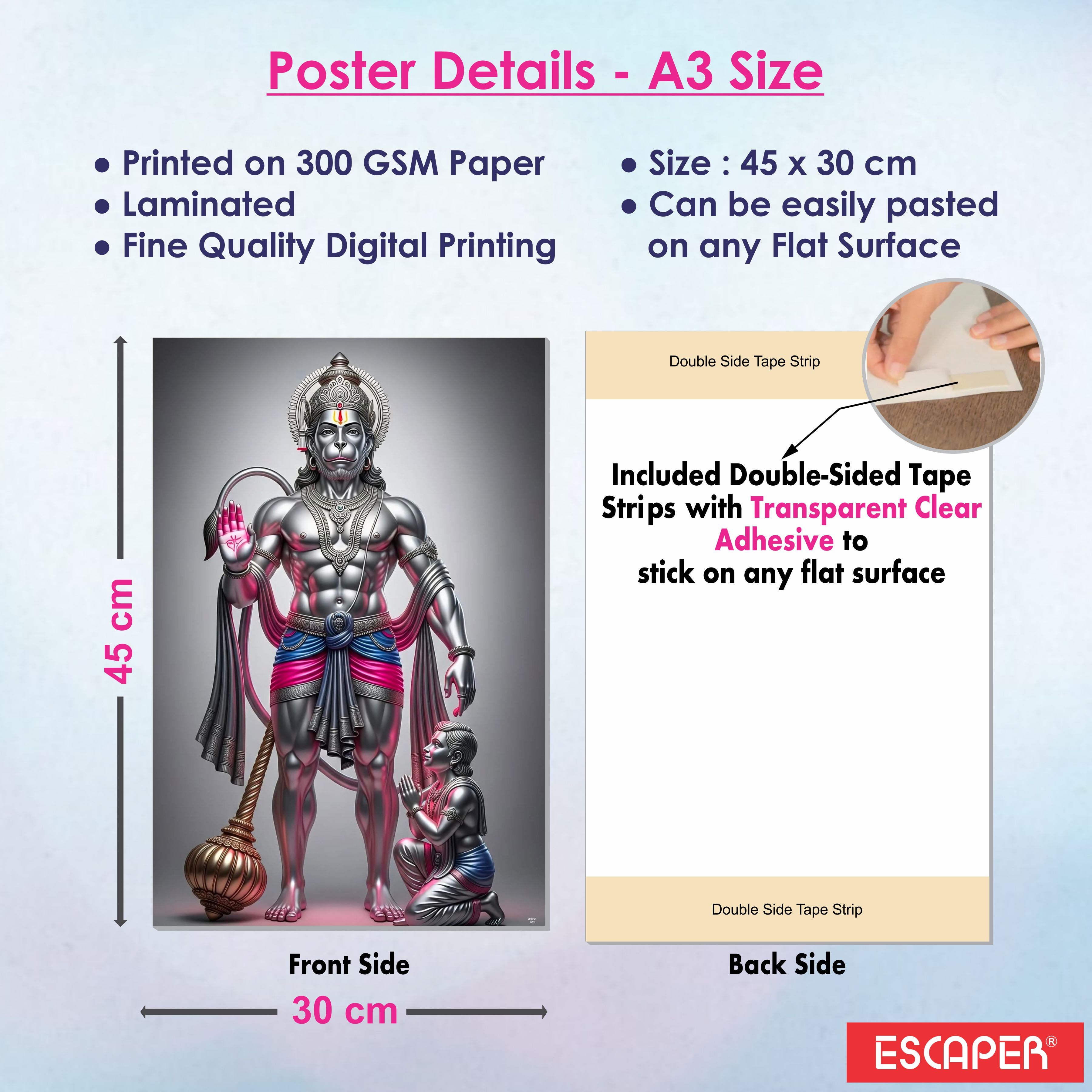Hanuman Ji, Laxmi Ji, Sita Ram, Saraswati Ji and Ma Durga Poster (Pack of 6) A3 Size Laminated Self Adhesive Religious Wall Art Unframed Goddess Posters for Pooja Room and Home Temple