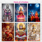 Hanuman Ji, Laxmi Ji, Sita Ram, Saraswati Ji and Ma Durga Poster (Pack of 6) A3 Size Laminated Self Adhesive Religious Wall Art Unframed Goddess Posters for Pooja Room and Home Temple