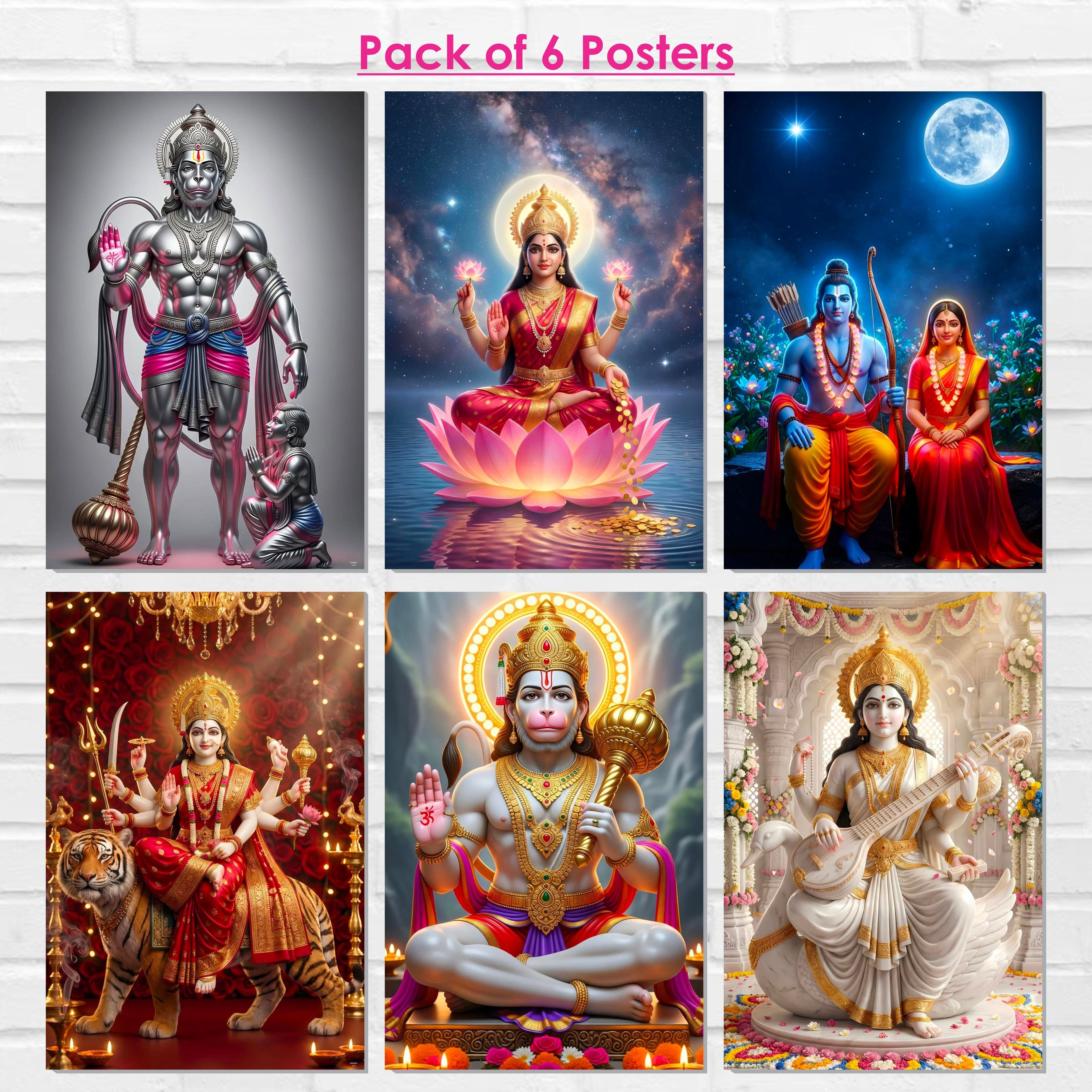 Hanuman Ji, Laxmi Ji, Sita Ram, Saraswati Ji and Ma Durga Poster (Pack of 6) A3 Size Laminated Self Adhesive Religious Wall Art Unframed Goddess Posters for Pooja Room and Home Temple