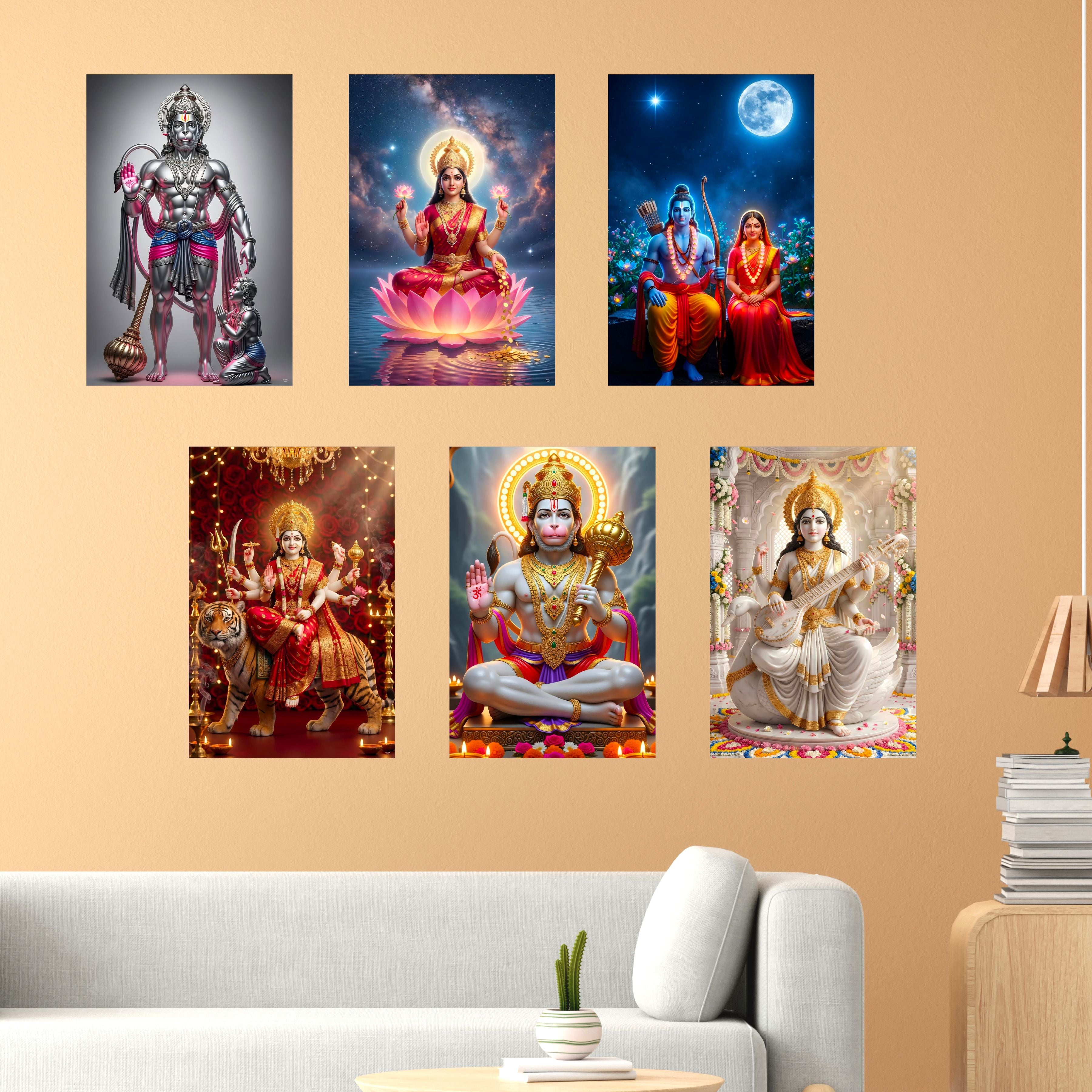 Hanuman Ji, Laxmi Ji, Sita Ram, Saraswati Ji and Ma Durga Poster (Pack of 6) A3 Size Laminated Self Adhesive Religious Wall Art Unframed Goddess Posters for Pooja Room and Home Temple