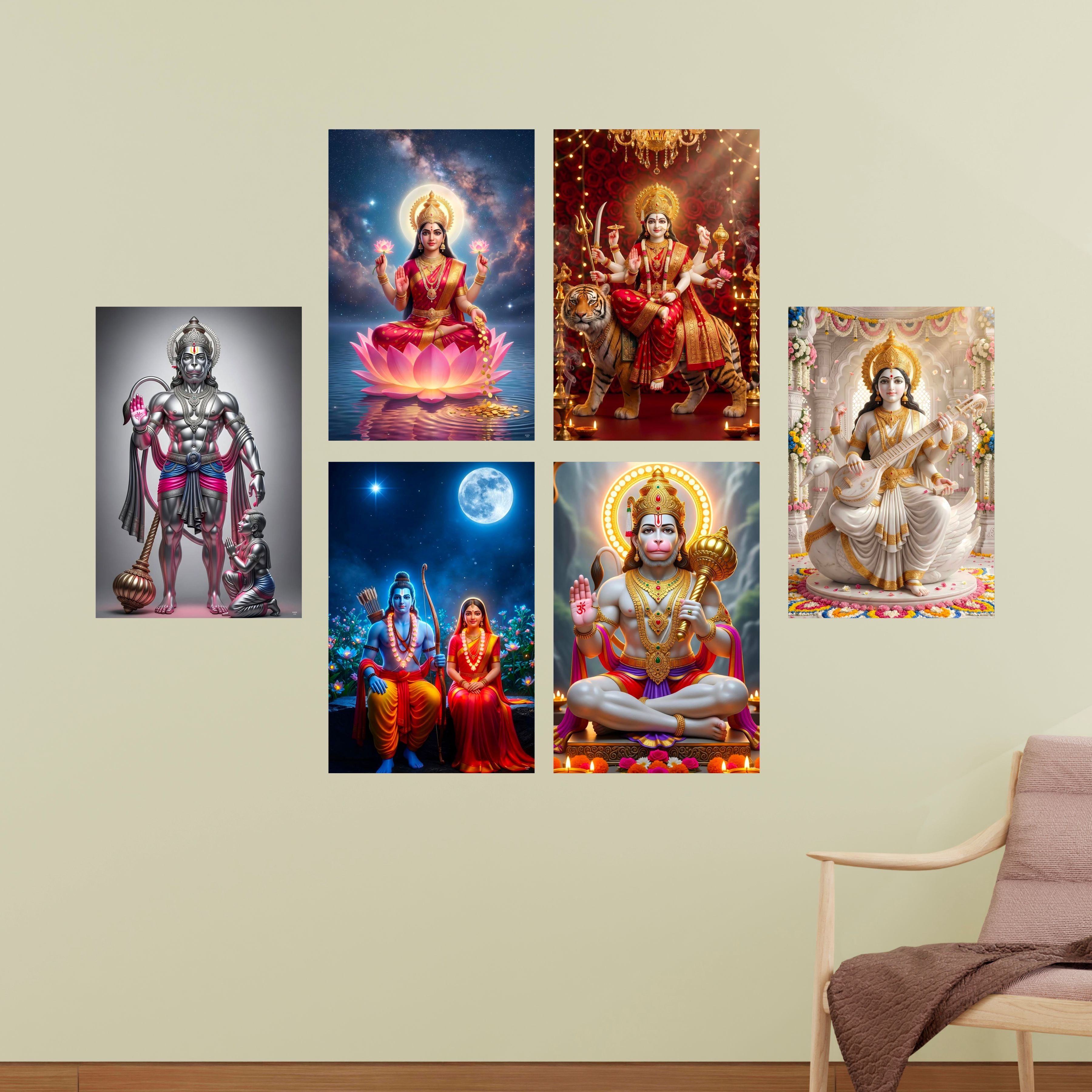 Hanuman Ji, Laxmi Ji, Sita Ram, Saraswati Ji and Ma Durga Poster (Pack of 6) A3 Size Laminated Self Adhesive Religious Wall Art Unframed Goddess Posters for Pooja Room and Home Temple