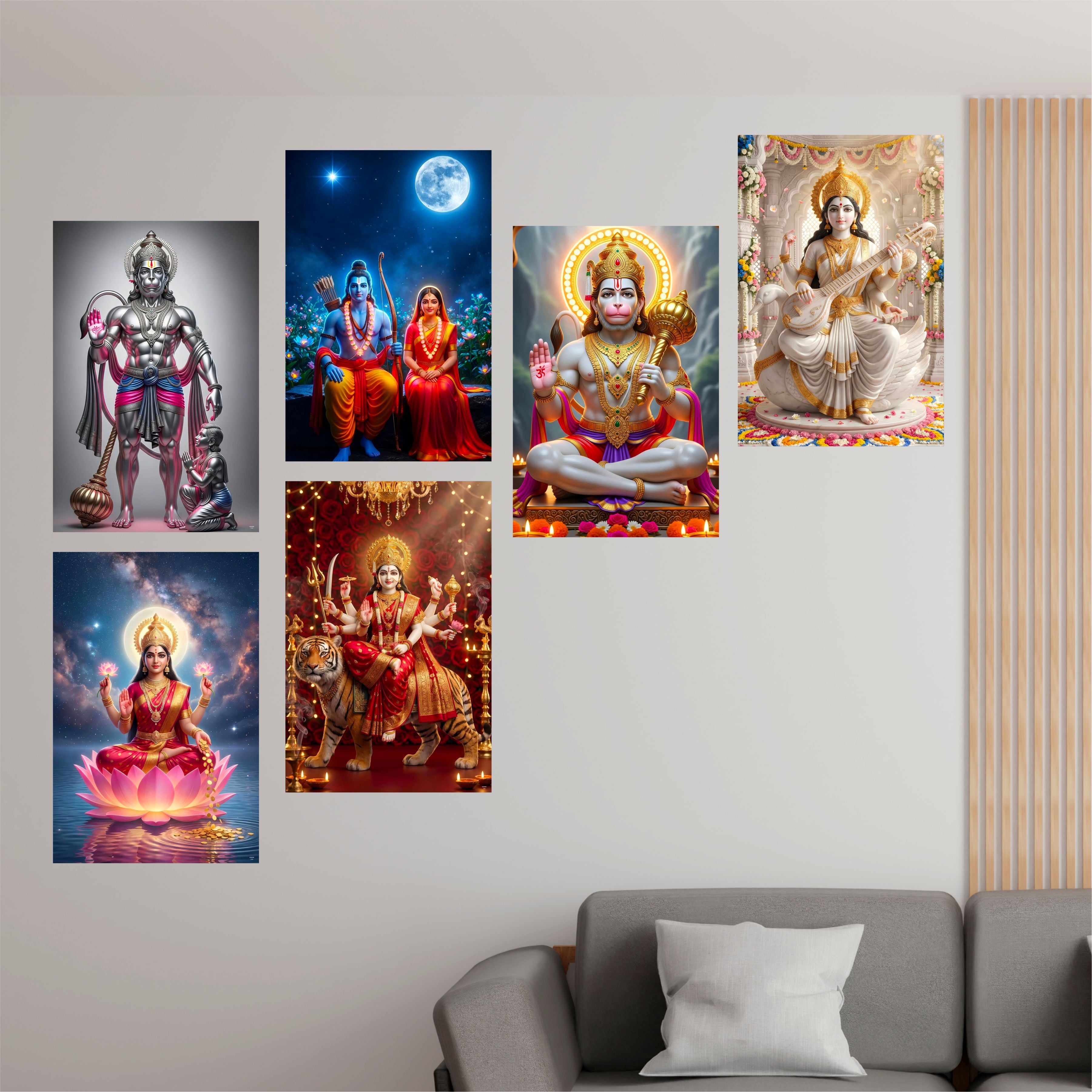 Hanuman Ji, Laxmi Ji, Sita Ram, Saraswati Ji and Ma Durga Poster (Pack of 6) A3 Size Laminated Self Adhesive Religious Wall Art Unframed Goddess Posters for Pooja Room and Home Temple
