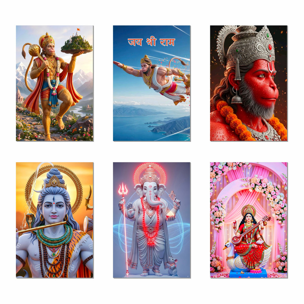 Hanuman Ji Ganesh Ji Bholenath Saraswati Ji Religious Posters (Pack of 6) A3 Size 300 GSM Paper Unframed Self Adhesive Laminated God Wall Art for Pooja Room and Home Temple